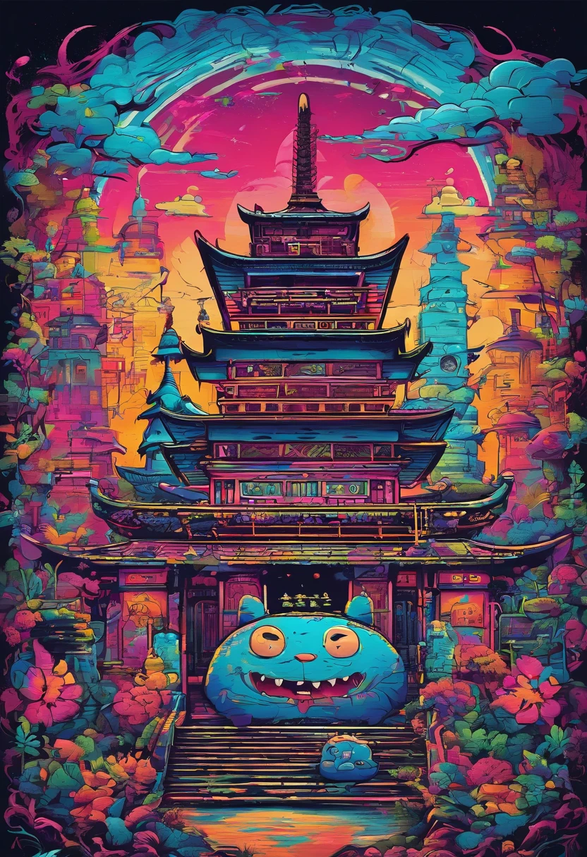 prompt: graffiti, Monstres, Full image, High Resolution High Contrast Totoro Neon Japanese Temple Decor