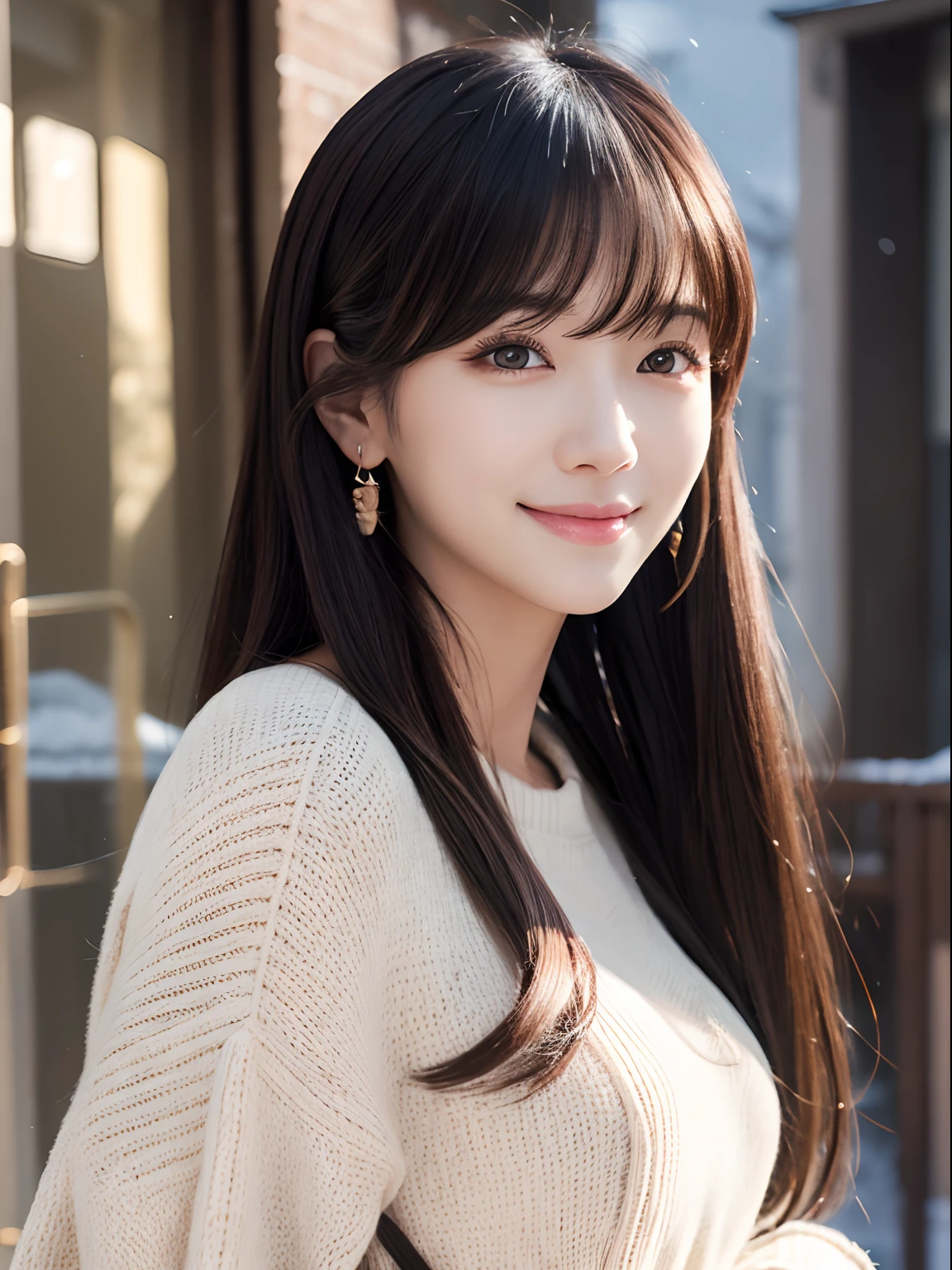 Best Quality, masutepiece, (Realistic:1.2), Beautiful face、、slender、A smile、Beautie、celebrities、Beautiful face,big eye,Winters、full body Esbian、lower back