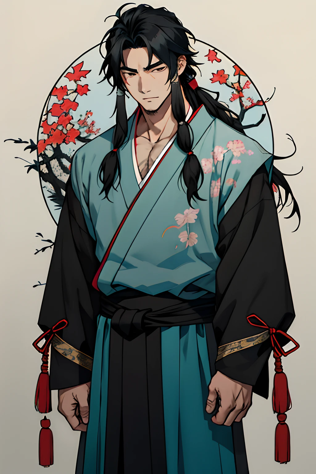 A attractive Japanese man in his early twenties who is the heir of the tittle lord. (Any color) long hair wearing traditional attire, with a casual and chilly sight, looks tough with faint markings as if beaten virtually daily. No one adores him and he is abused, but he is unsettling yet has a calm demeanor.