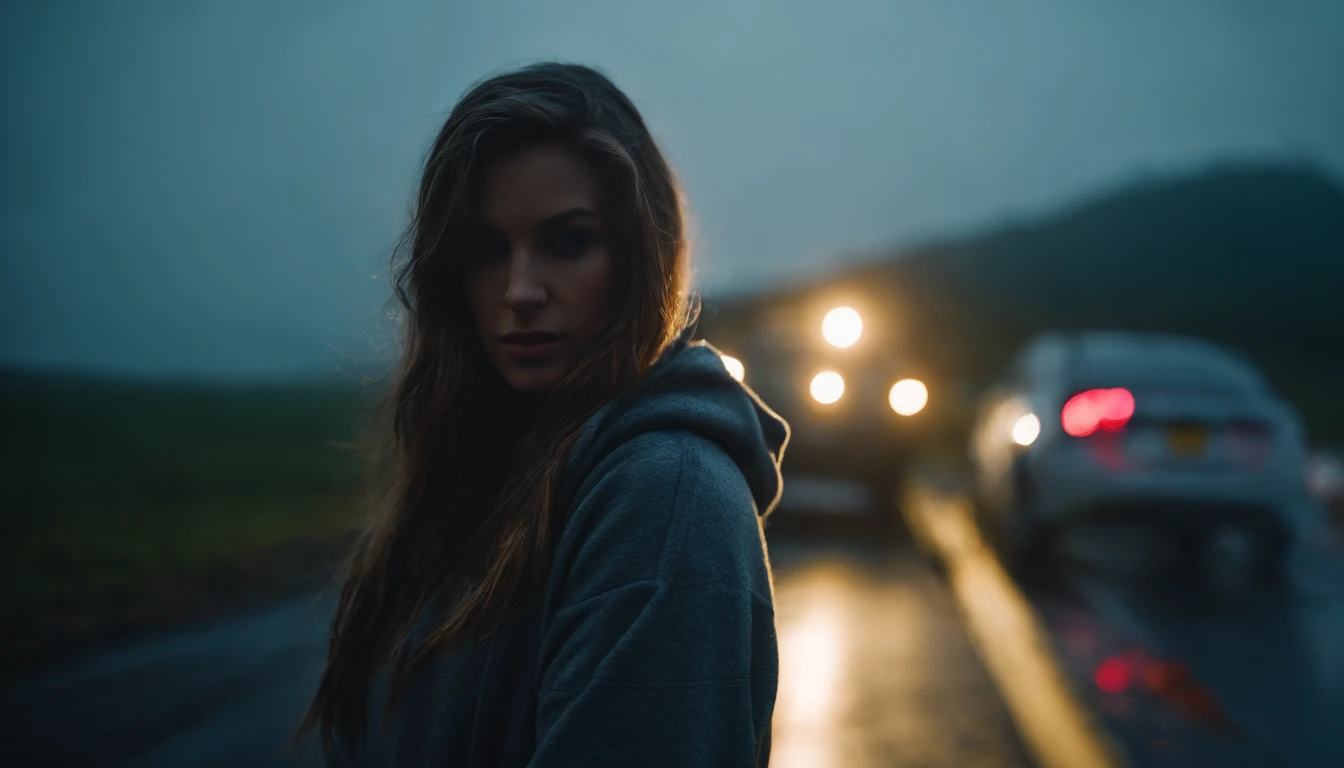Photography of a girl standing next to her car at night, wearing a hoodie, foggy road, desolated road, cold lights, foggy night, cinematic, ultra detailed.