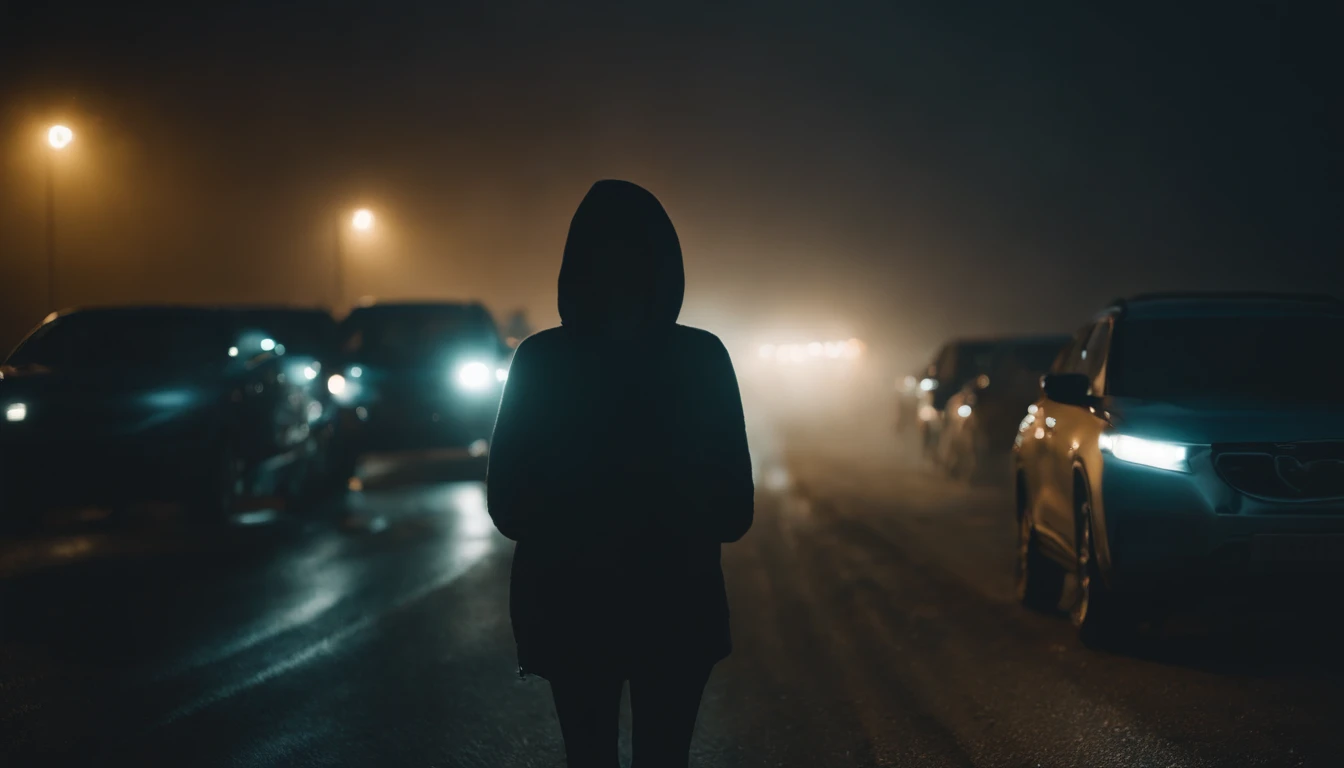 Photography of a girl standing next to her car at night, wearing a hoodie, foggy road, desolated road, cold lights, foggy night, cinematic, ultra detailed.