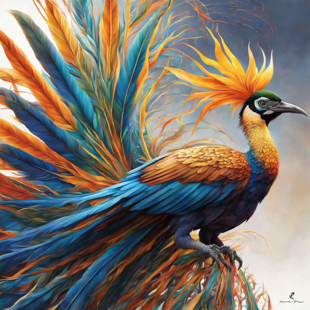 A Hyper-Realistic Soar with a bird of paradise a remarkable artwork that depicts an abstract portrayal of a bird of paradise taking to the skies. With a captivating fractal twist, this piece transcends reality while maintaining intense vividness and impeccable details. The wings and tail blend harmoniously with intricate fibonacci fractal patterns, creating a breathtaking fusion of art and nature. Thebright colors evoke a sense of motion and freedom as the hyper-realistic rendering captures every feather and movement with striking precision. Prepare to be swept away on an awe-inspiring journey as you witness the union of abstraction, realism, and the spirit of this extraordinary bird.