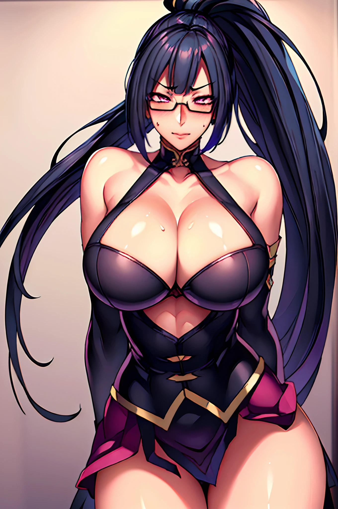 (focus on whole body), (cowboy shot), bedroom background, (standing pose), tempting pose, sexy pose, arms behind head, (blushing face:1.4), smiling,cyan dress, cleavage cutout, clothing cutout, bare shoulders, semi-rimless eyewear, black hair, very long hair, ponytail,Bangs,purple eyes, 1 girl, 20yo,Young female,Beautiful Finger,Beautiful long legs,Beautiful body,Beautiful Nose,Beautiful character design, perfect eyes, perfect face,expressive eyes,perfect balance, (innocent_big_eyes:1.0), official art,extremely detailed CG unity 8k wallpaper, perfect lighting,Colorful, Bright_Front_face_Lighting,shiny skin, (masterpiece:1.0),(best_quality:1.0), ultra high res,4K,ultra-detailed, photography, 8K, HDR, highres, absurdres:1.2, Kodak portra 400, film grain, bokeh:1.2, lens flare, (vibrant_color:1.2),professional photograph, (Beautiful,large_Breasts:1.4), (beautiful_face:1.5)
