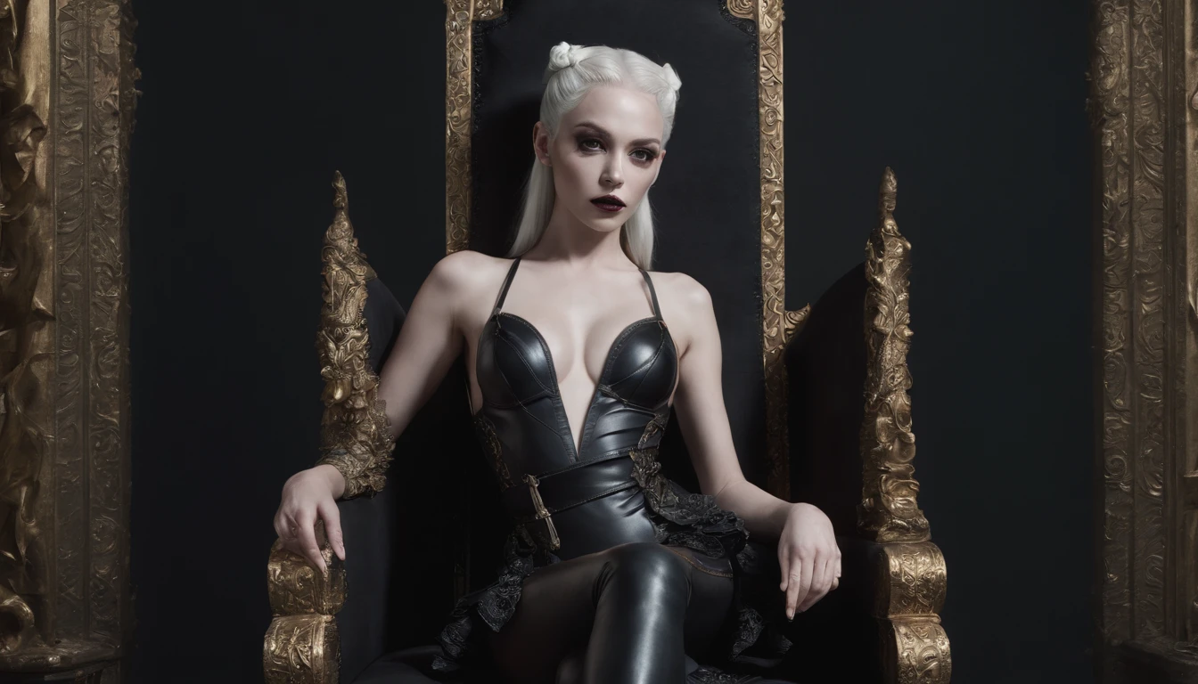 There's a pale white skin demon woman dressed in black leather leotard sitting spread legs on a baroque throne in a dark room.