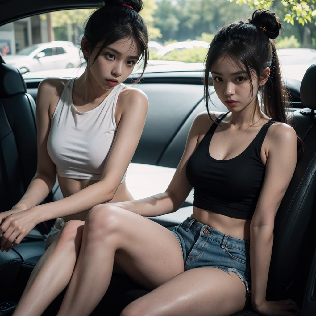 two korean girls pale skin long hair small boobs transparent orange laced bra black laced bra very hairy pussy bottomless without panties smile hug each other smile driving school