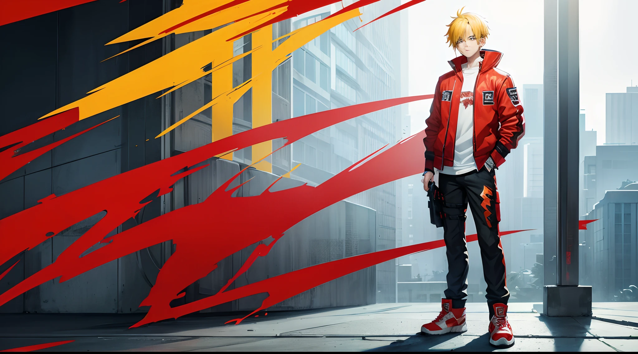 Anime badass boy character, yellow hair , red wings , smart cool anime character , red wings , Keigo Takami hawks anime character full body