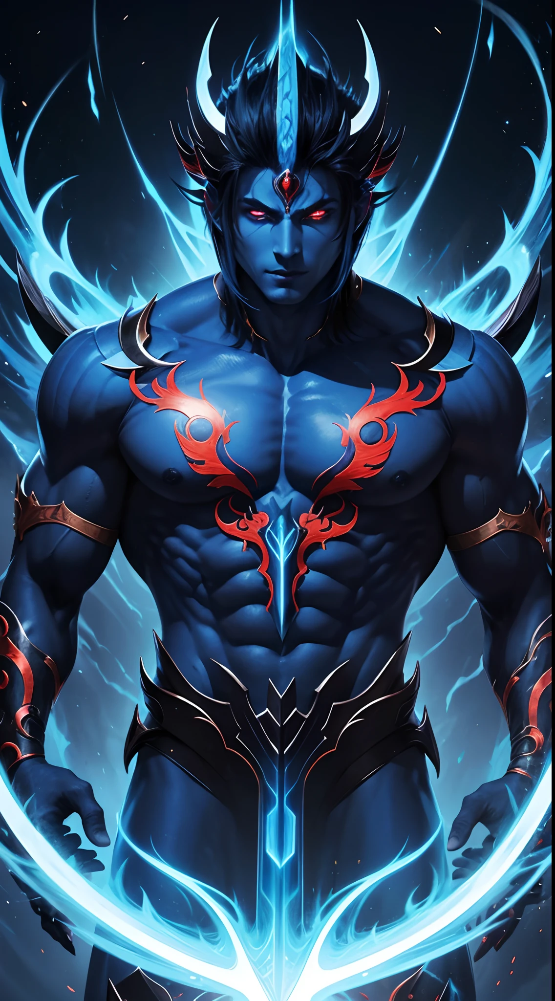 Experience the awe-inspiring transformation of the Blue Vageta God as he unleashes his full potential, with stunning renderings of his fiery aura and piercing red eyes.