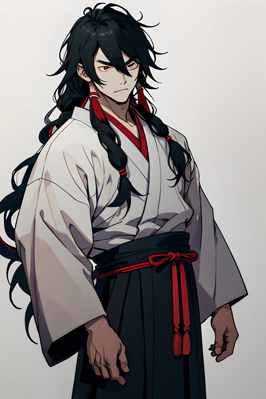 A attractive Japanese man in his early twenties who is the heir of the tittle lord. (Any color) long hair wearing traditional attire, with a casual and chilly sight, looks tough with faint markings as if beaten virtually daily. No one adores him and he is abused, but he is unsettling yet has a calm demeanor.