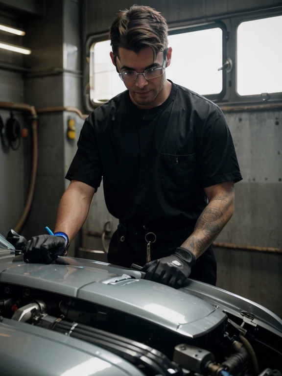A mechanic doing repair on a futuristic car The focus of the image is on the hands of the mechanic while holding a part of the car