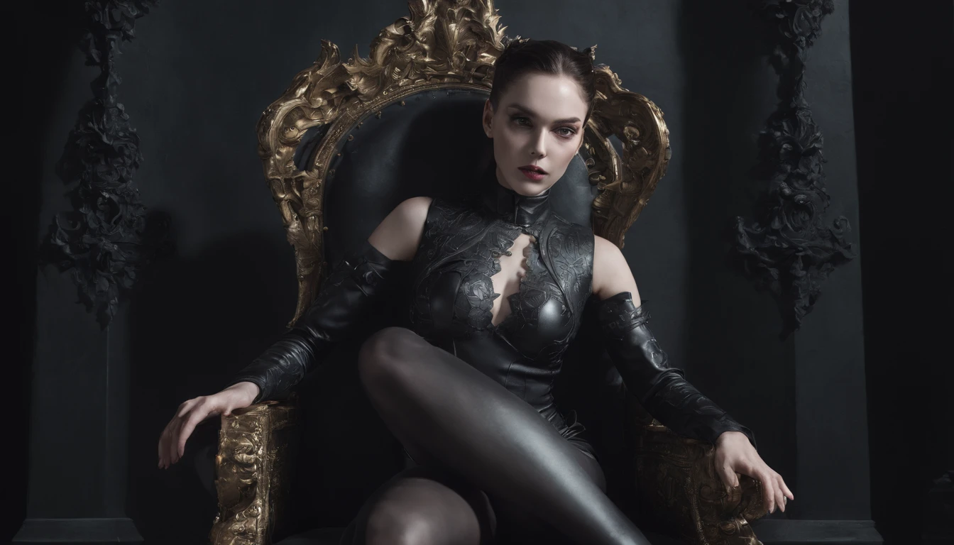 There's a pale white skin demon woman dressed in black leather leotard sitting spread legs on a baroque throne in a dark room.