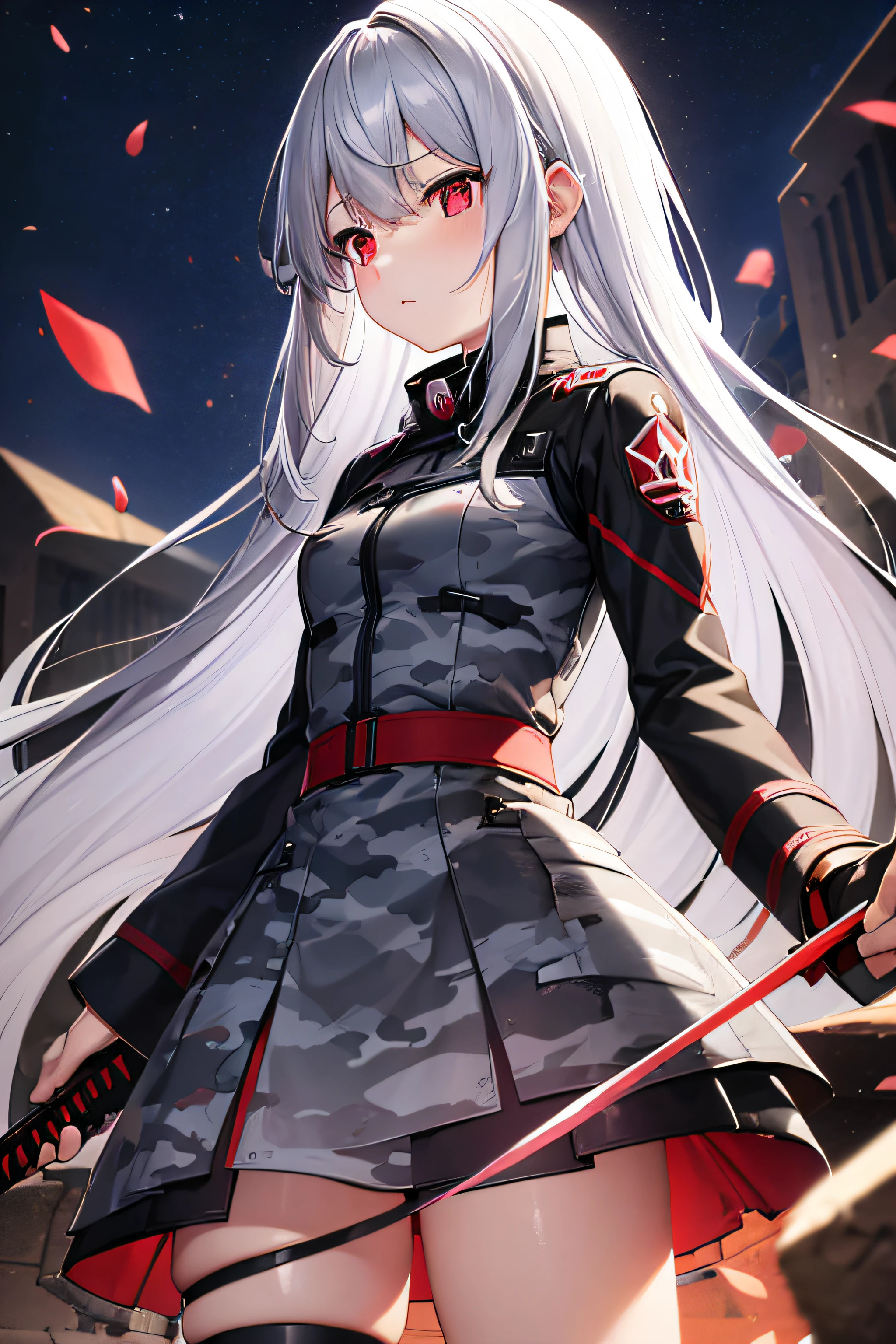 (masterpiece:1.2), best quality , PIXIV,  girl , long white hair , red eyes ,Wearing and gray camouflage uniforms , (anime girl have a black long knife in her hand) ,She stands in the ruins ,The , at modern, (sky dim light),girls frontline style,smooth anime cg art, profile of anime girl