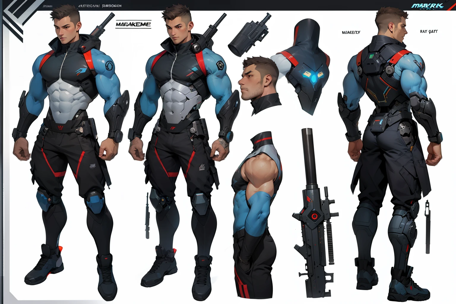 ((Masterpiece, Highest quality)), Detailed face, character design sheet full bodyesbian, Full of details, frontal body view, back body view, Highly detailed, Depth, Many parts, male cyborg with guns，full weapons, muscular, futuristic costumes, marksman