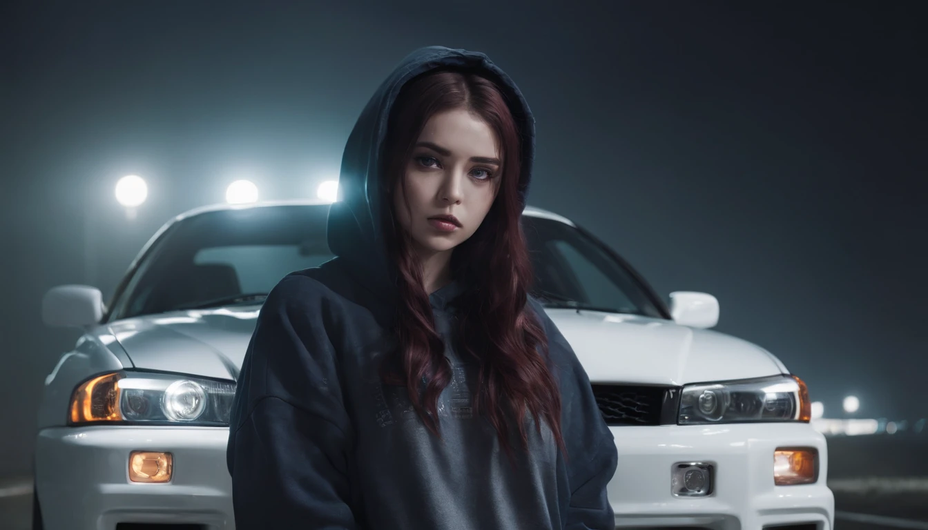 Photography of a girl standing outside her car (white Nissan skyline R34) at night, wearing a hoodie, foggy road, desolated road, cold lights, foggy night, cinematic, ultra detailed.