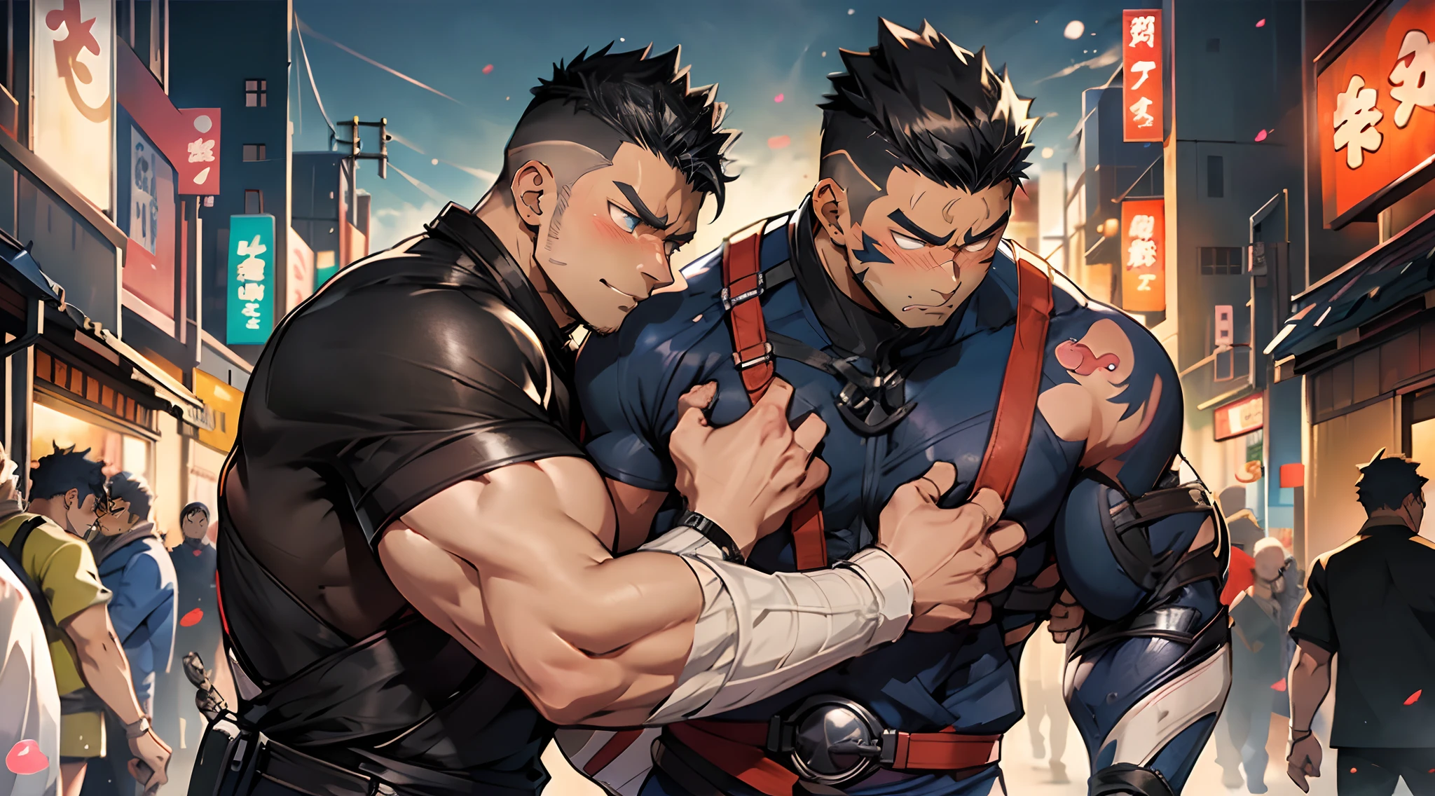 detailed extremely large kawaii manly anime eyes,street colorful energetic lights effects in japan, kawaii moe anime 8K, undercut, faux hawk, very short black hair, creamy babyface super buff muscular ninja possession by Venom, muscular pale body wear clearly ninja clothes, trending on pixiv, kawaii moe anime