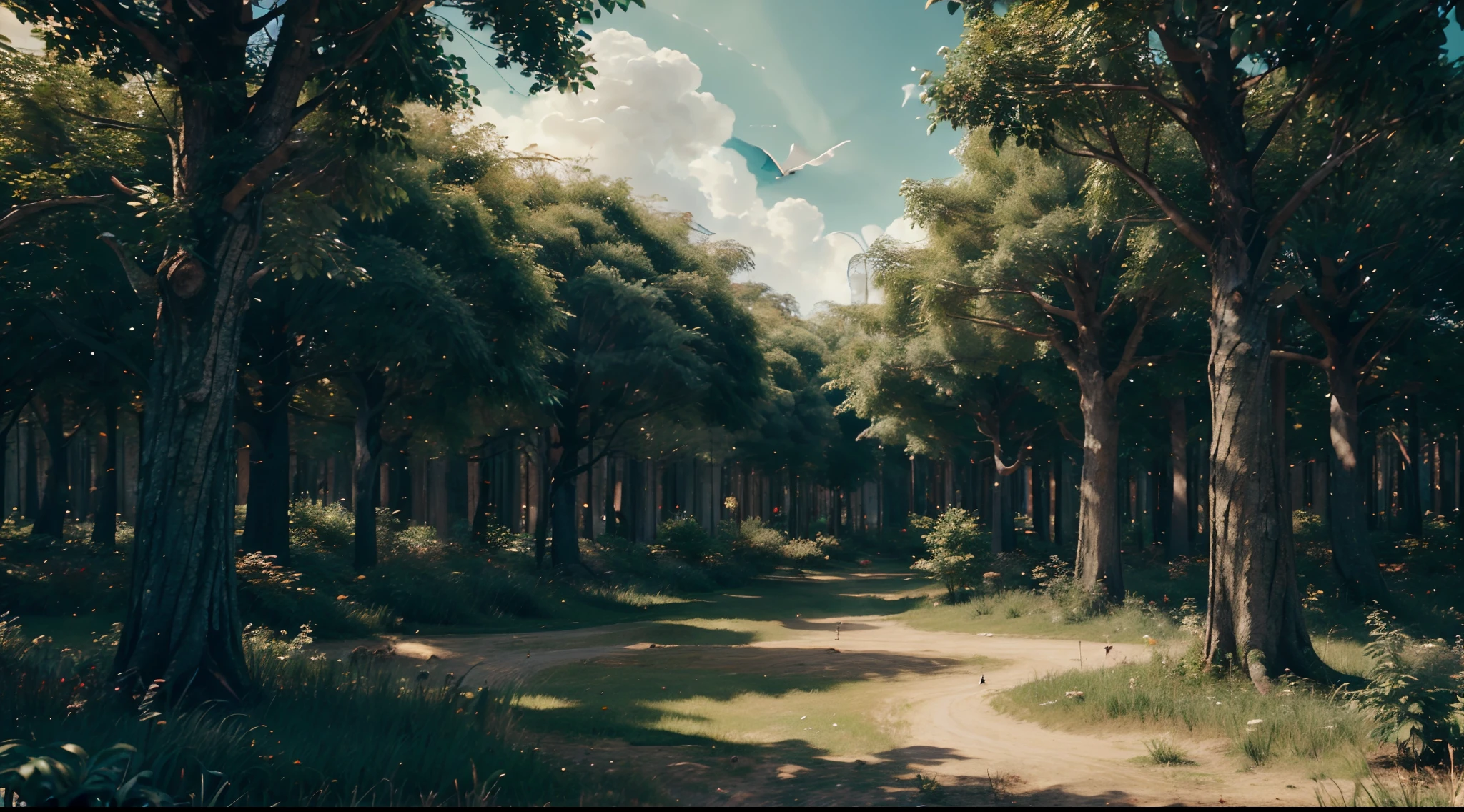 create a paradise full of forests with many angels flying in the sky