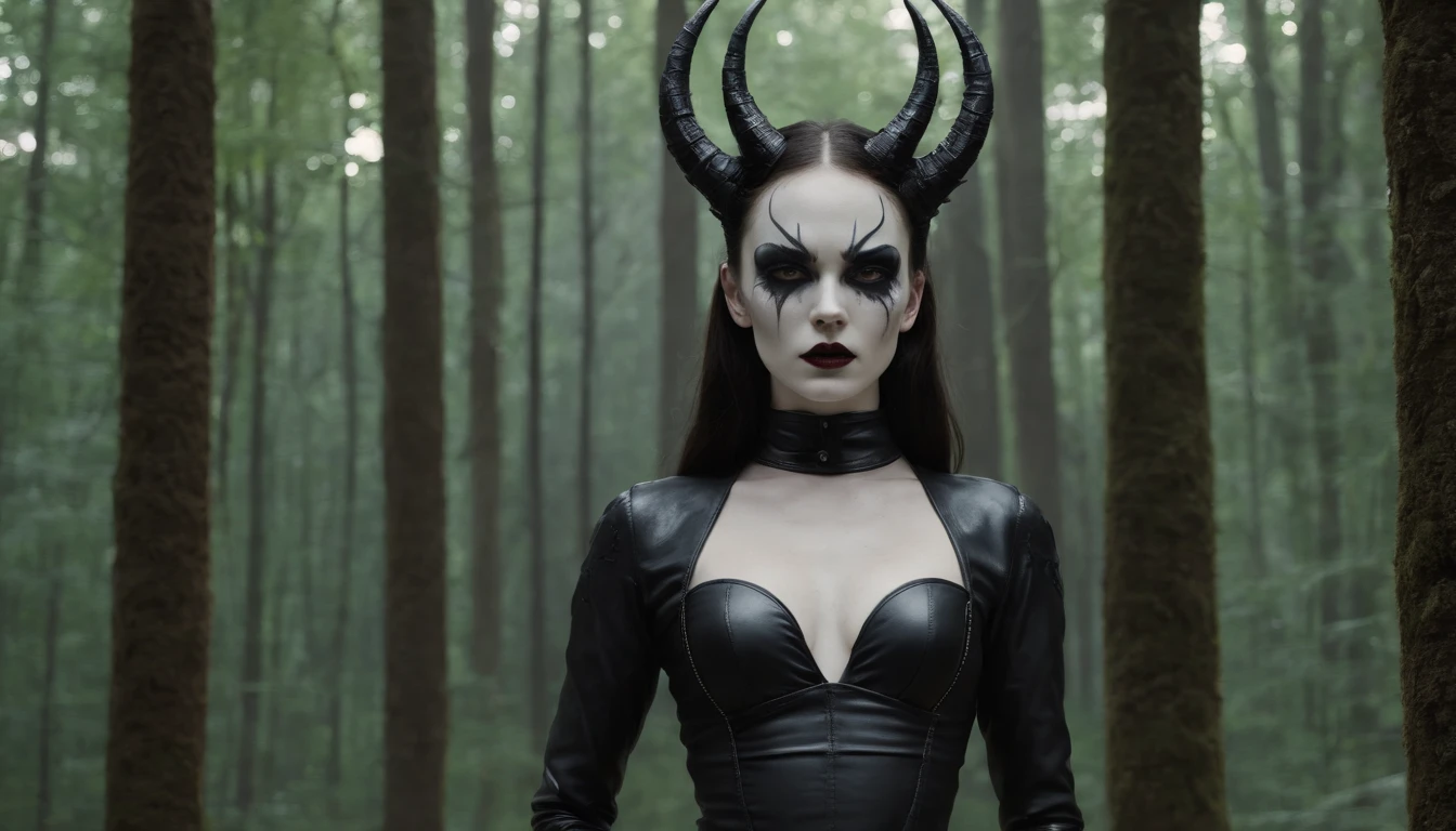 There's a pale white skin demon woman dressed in black leather leotard with black metal make-up in a dark forest, horror movie, ultra detailed, photorealistic, masterpiece.