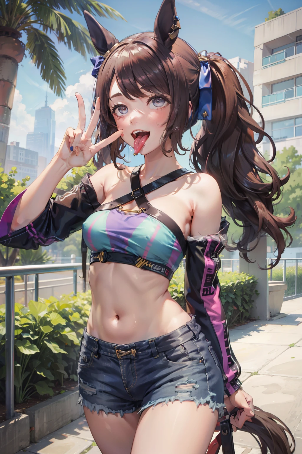 gltosen jordan \(umamusume\), masterpiece, best quality, highres, 1girl, brown hair, solo, shorts, side ponytail, midriff, topless, nipples, navel, horse ear, horse tail, denim, denim shorts, smile, cowboy shot, standing, peace_sign, outdoors, small breasts, blush, tongue out, saliva, long tongue