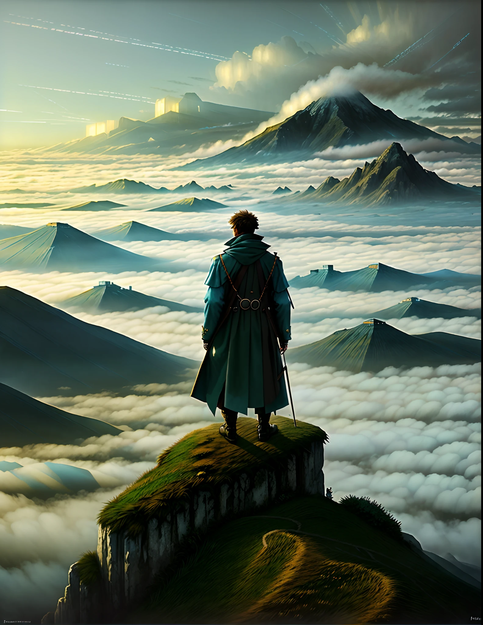 A man taking a picture with a mobile phone in his hand，cyber punk style，The picture is mainly powder blue，A painting of a man standing on a hill looking at a misty valley, wanderer above the sea of fog, Inspired by Caspar David Friedrich, a wanderer on a mountain, David Friedrich, Arthur David Friedrich, author：Caspar David Friedrich, romanticism painting, Inspired by Friedrich Ritter von Friedland-Malheim, Caspar Friedrich