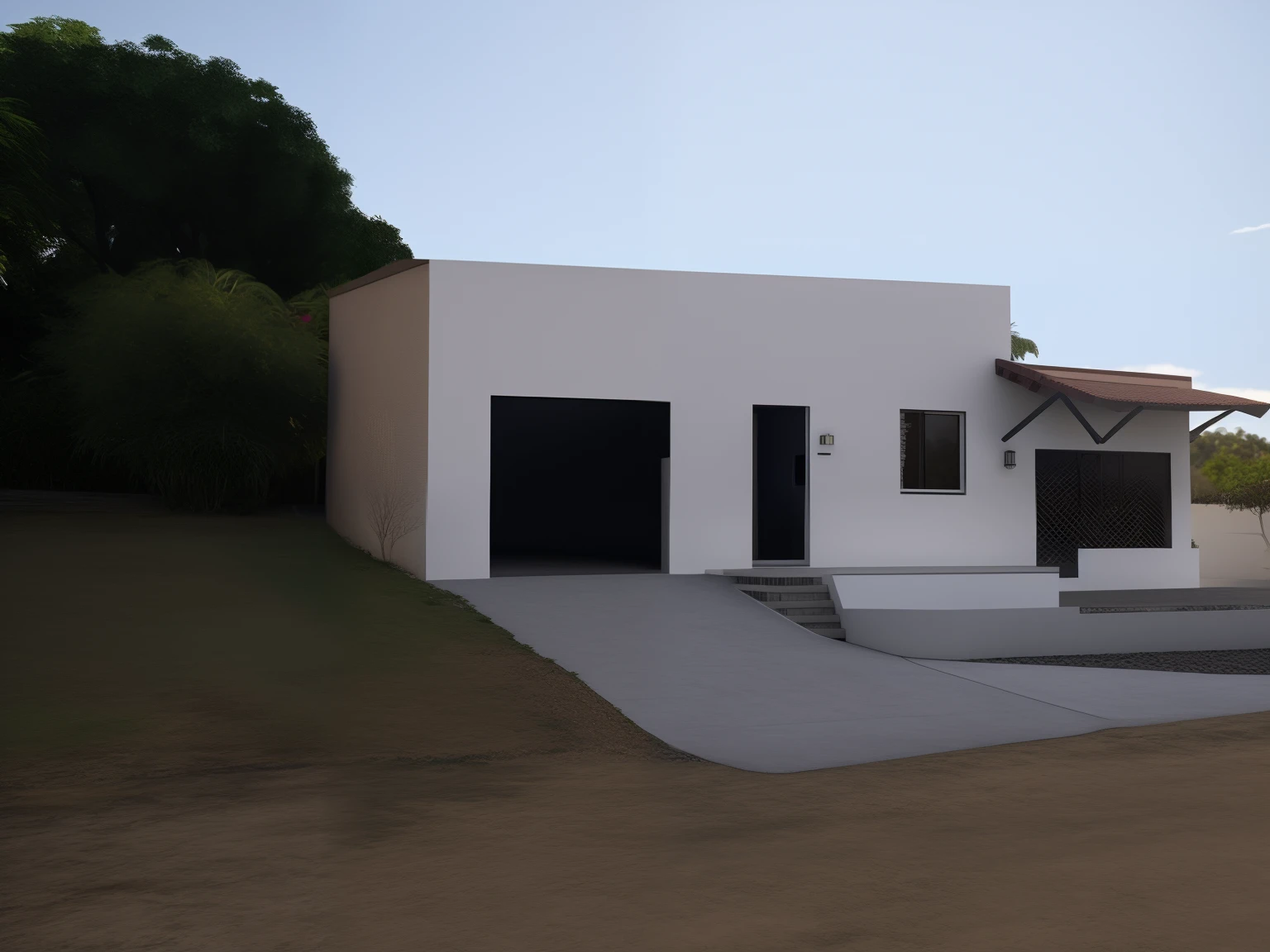 There is a small white house with a garage, casa completa, imagem frontal, Vista frontal, Lumion Pro rendering, night ligthning, cinematic quality, 3D-rendering, detalhes 3d,vista externa, vista frontal, Frente, vista exterior, Front view, uma casa, visto de fora, imagem central, Completo - Ver, Frente cheia, garagem, vista frontal 2 0 0 0, Directed by: Willian Murai, Frontal