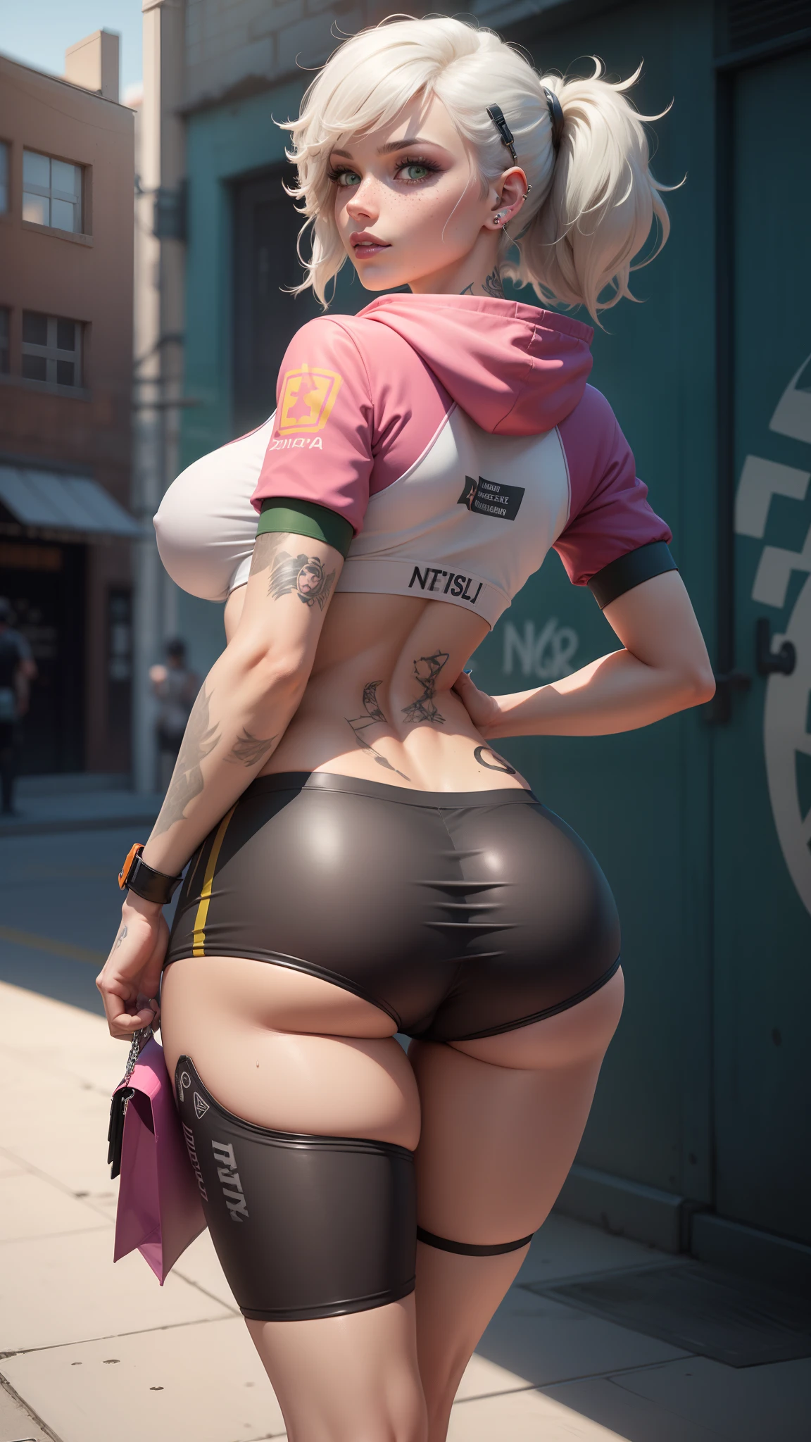 gwen tennyson,tracer,y'shtola rhul,yorha 2b,overwatch,nier automata,mecha pilot,shopping street,tattoos,orange and pink plugsuit,white short sleeve lycra top,white micro cargo shorts,uncovered belly,short hair,punk makeup,green eyes,multicolored silver hair,sexy smile,freckles,beautiful girl,large breasts,8k,ultra detailed,realistic,fantasy art,punk girl,ear piercings,metal band uniform,track suit,pink short sleeve sport hoodie,graffiti wall art,walking,chain necklace,sport bag,view from behind, ass close up,wet clothes,ass up,