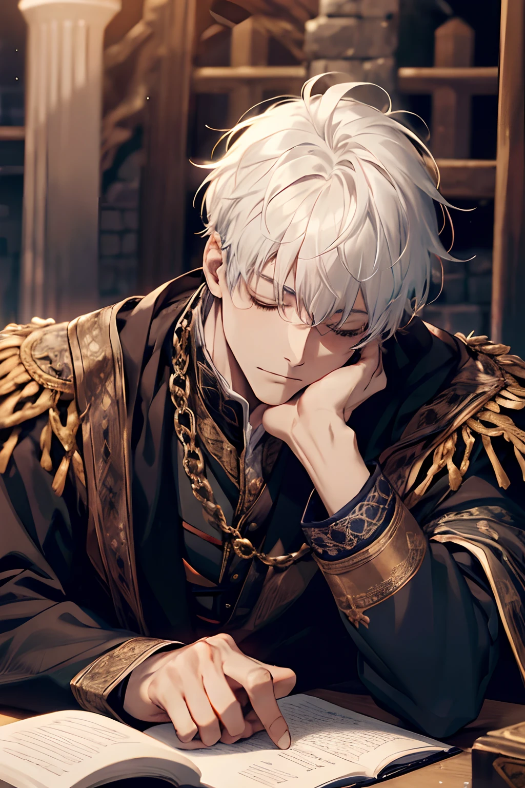 1male, calm, age 35 face, short messy with bangs, white hair, asleep at desk with head resting on one hand, royalty, prince, black clothes, in a castle, close up, medieval times, no smile