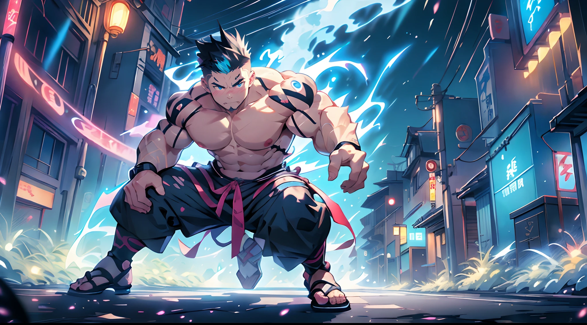 street colorful energetic lights effects in japan, kawaii moe anime 8K, undercut, faux hawk, very short black hair, creamy babyface with blue eyes super buff pale muscular ninja possession by Venom, muscular creamy pale body wear clearly ninja clothes, trending on pixiv, kawaii moe anime