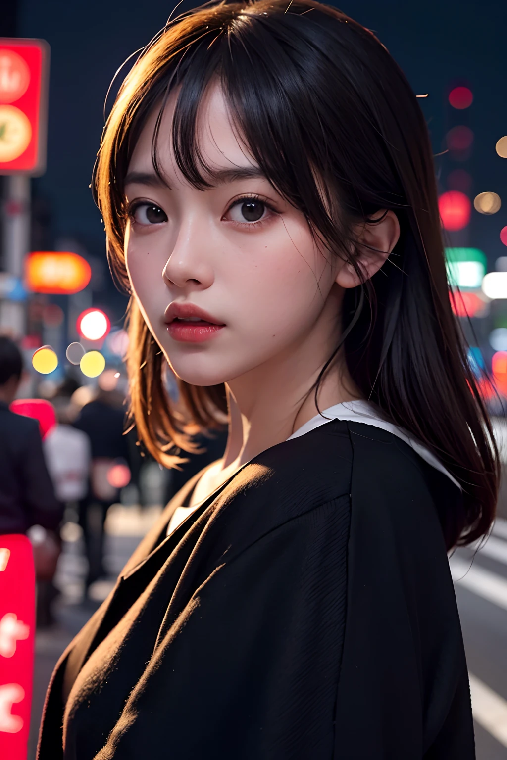 1girl, Tokyo street,night, cityscape,city lights, upper body,close-up, 8k, RAW photo, best quality, masterpiece,realistic, photo-realistic,