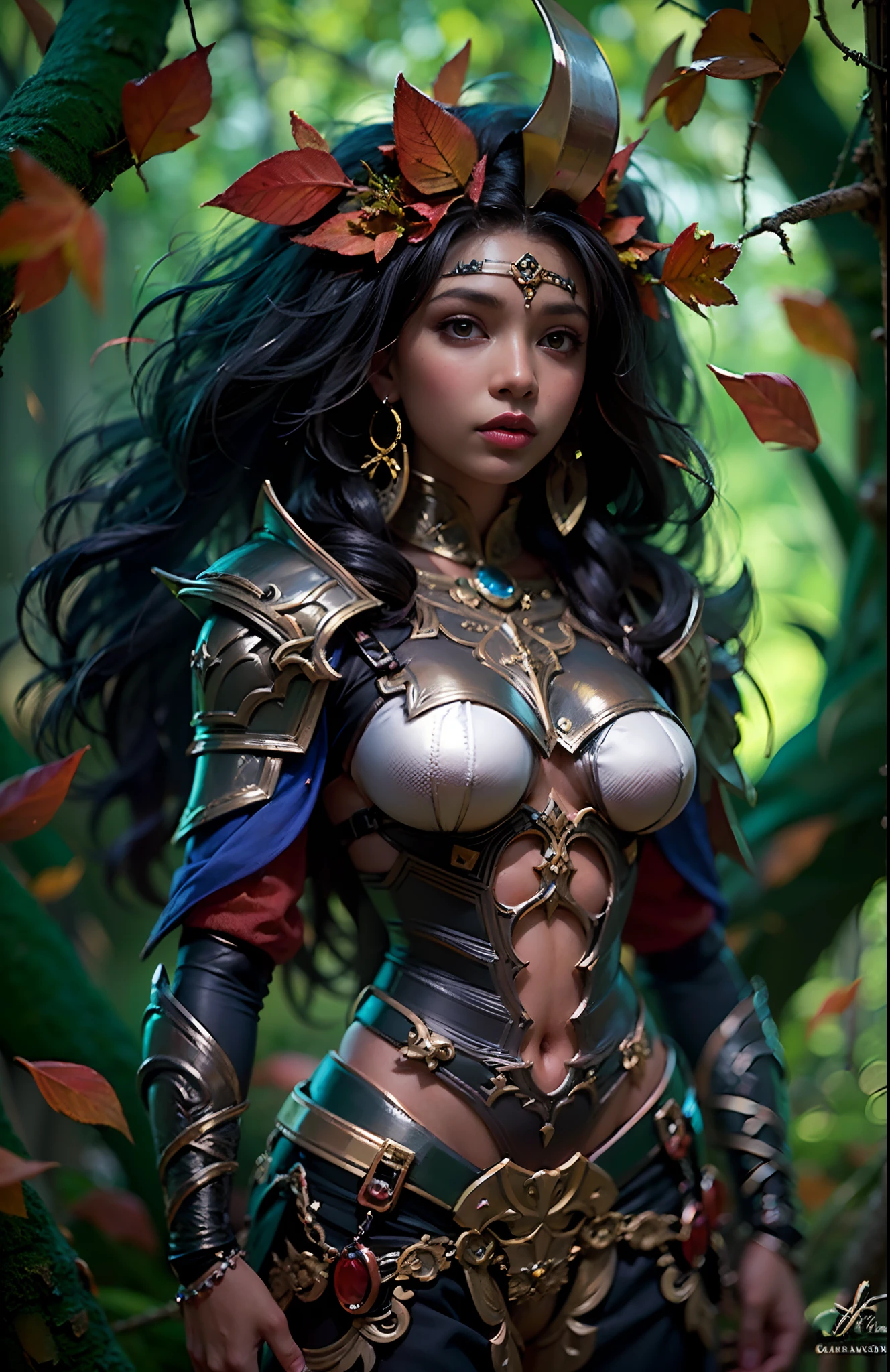((16-year-old))) black girl, (((light skin))), warlock, magical aura surrounding her, she is in the forest with monsters surrounding her, (((thigh gap))), (((cameltoe))), (((close-up full body pose))),  long black wavy hair, high heel boots, (((druid style armor made of leaves))), (((Dungeons and Dragons style art))), fantasy art, Rich, Deep Colours, (intricate details:0.9), (HDR, hyper-detailing:1.2), (natural skin textures, hyper realisitc, soft light, Sharp),