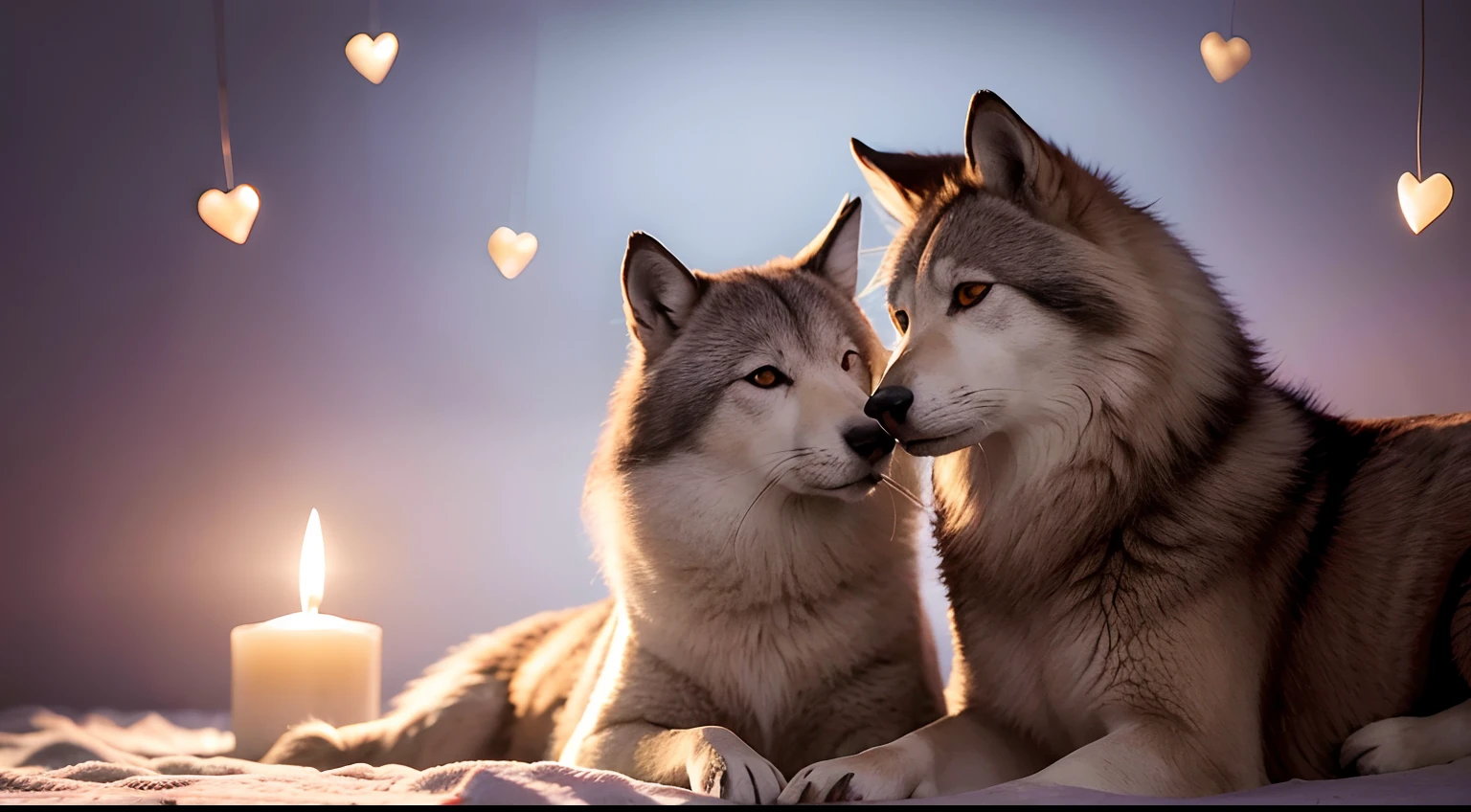 Em uma clareira coberta por um manto de flores silvestres, dois majestosos( lobos)(animais) se encontravam. His fur was the color of twilight, mesclando tonalidades quentes de marrom e dourado. Her eyes sparkled with an intensity that only love can provide, refletindo a luz suave do entardecer. Os( lobos )(animais)They were so close that their snouts almost touched each other, And one could feel the complicity and passion that emanated from them. Their tails swayed rhythmically, As if they danced to the rhythm of the heart that pounded in their chests. On their heads floated translucent hearts, radiating a soft glow and filling the air with a magical atmosphere. It was as if the universe itself was celebrating the love between these two extraordinary beings.