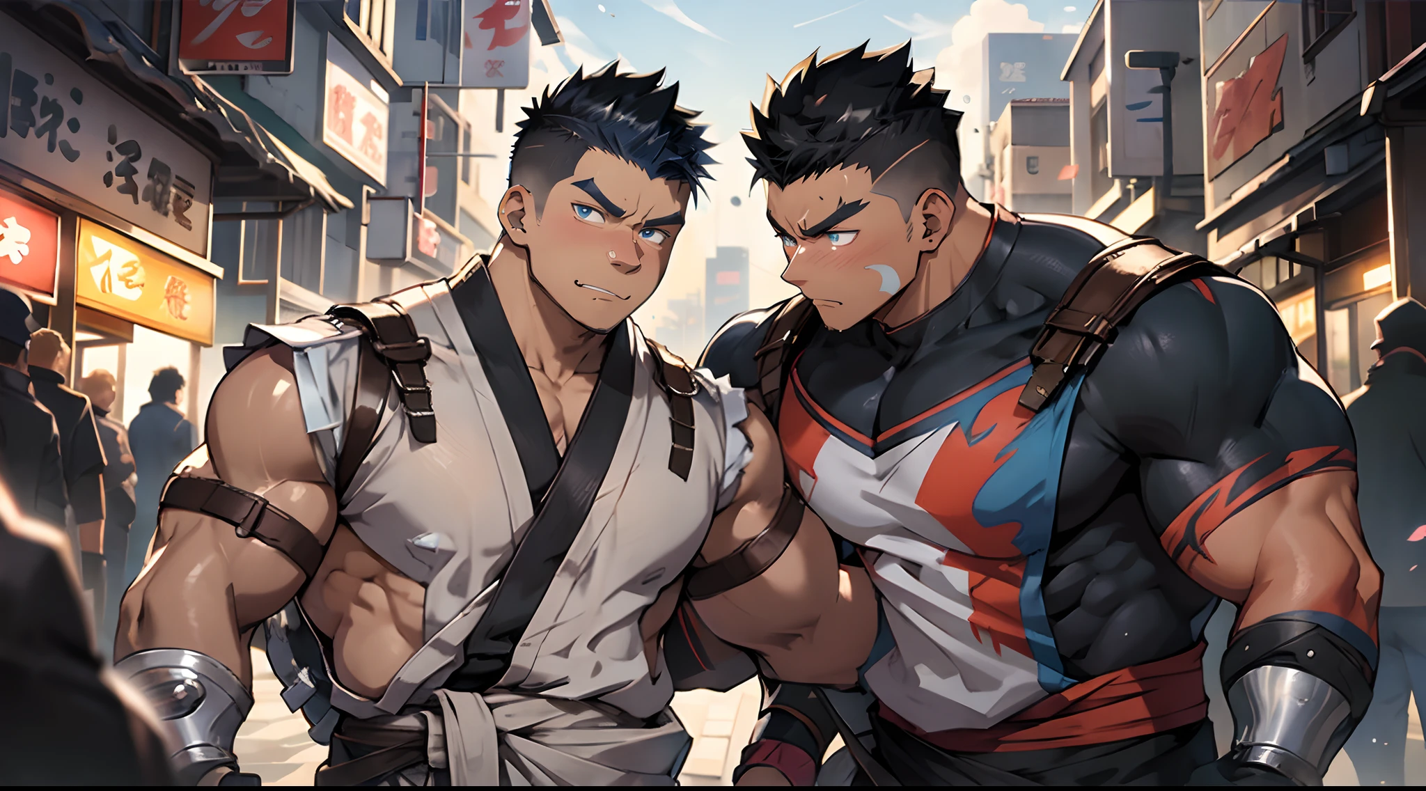 street colorful energetic lights effects in japan, kawaii moe anime 8K, undercut, faux hawk, very short black hair, creamy babyface with blue eyes super buff pale muscular ninja possession by Venom, muscular creamy pale body wear clearly ninja clothes, trending on pixiv, kawaii moe anime