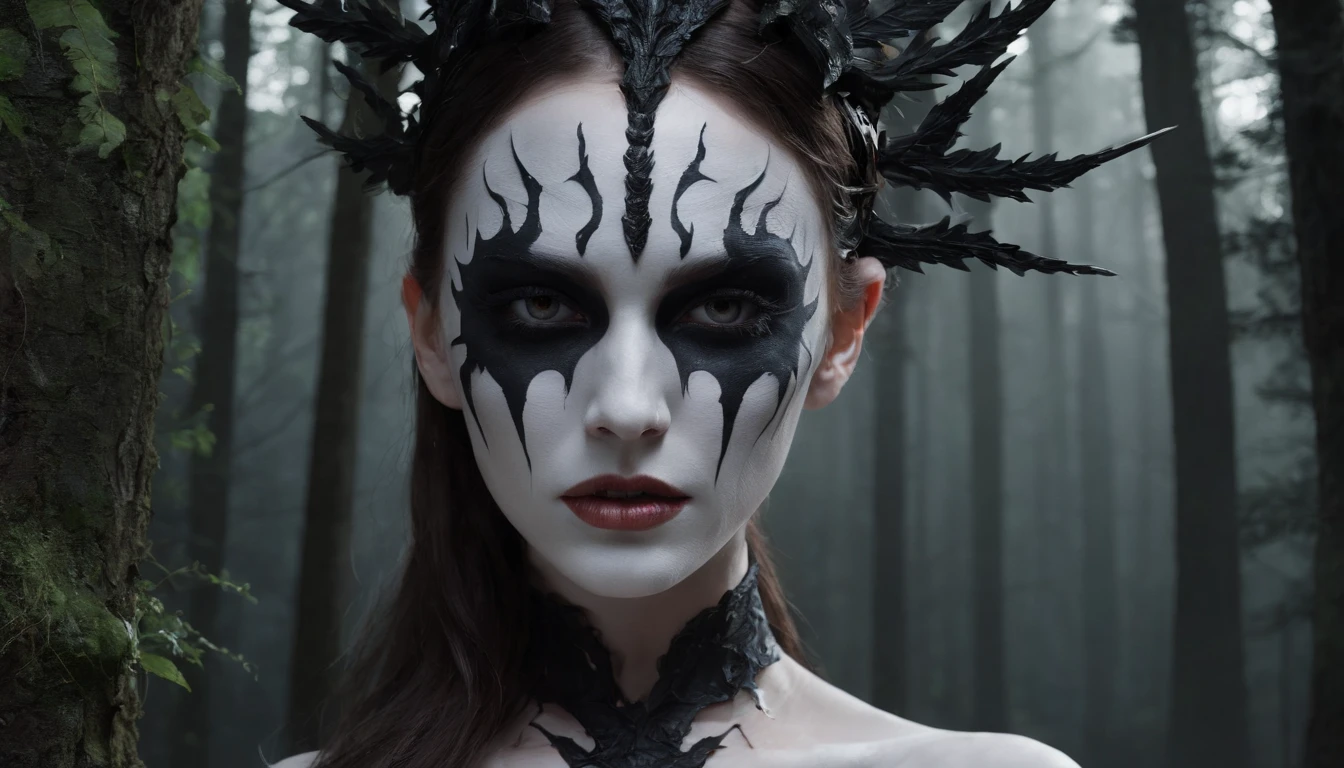 Half body shot of a pale white skin naked woman with white eyes and black metal make-up in a dark forest, forest at night, horror movie, white eyed woman, ultra detailed, photorealistic, masterpiece.