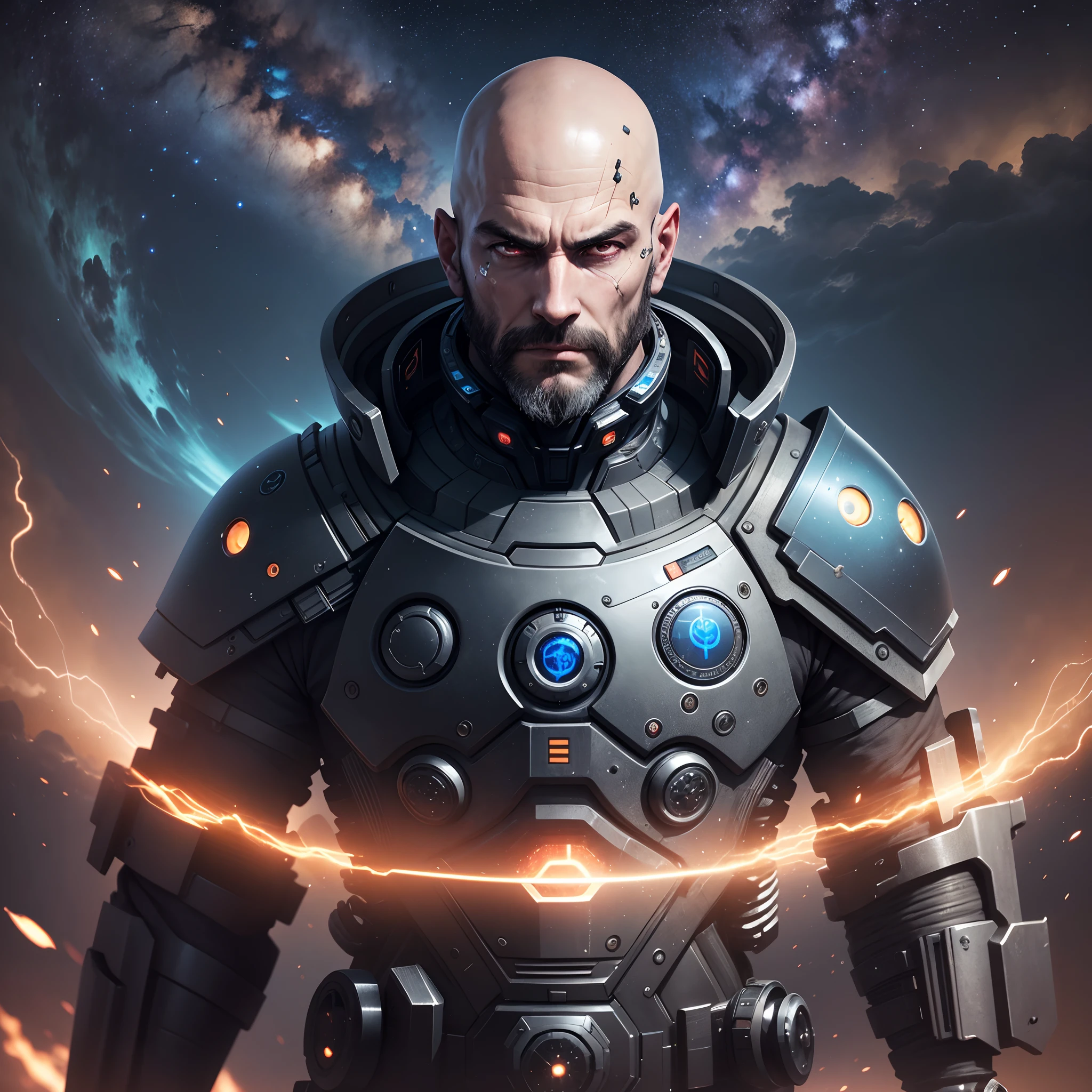 In this visually descriptive prompt, a lone man stands tall, his portrait rendered in the highest quality of 8k resolution. His thin frame is adorned with cyberpunk armor, while his bald head and black beard give him a rugged and rough appearance. But what truly sets him apart is the mechanical part of his head, a symbol of the merging of man and machine. The dark scene is illuminated by soft light, with a mesmerizing skyscape of stars and nebulae in the background. And in the midst of it all, the man gazes up at the bright moonlight, as he explores the vastness of the cosmos. --auto --s2