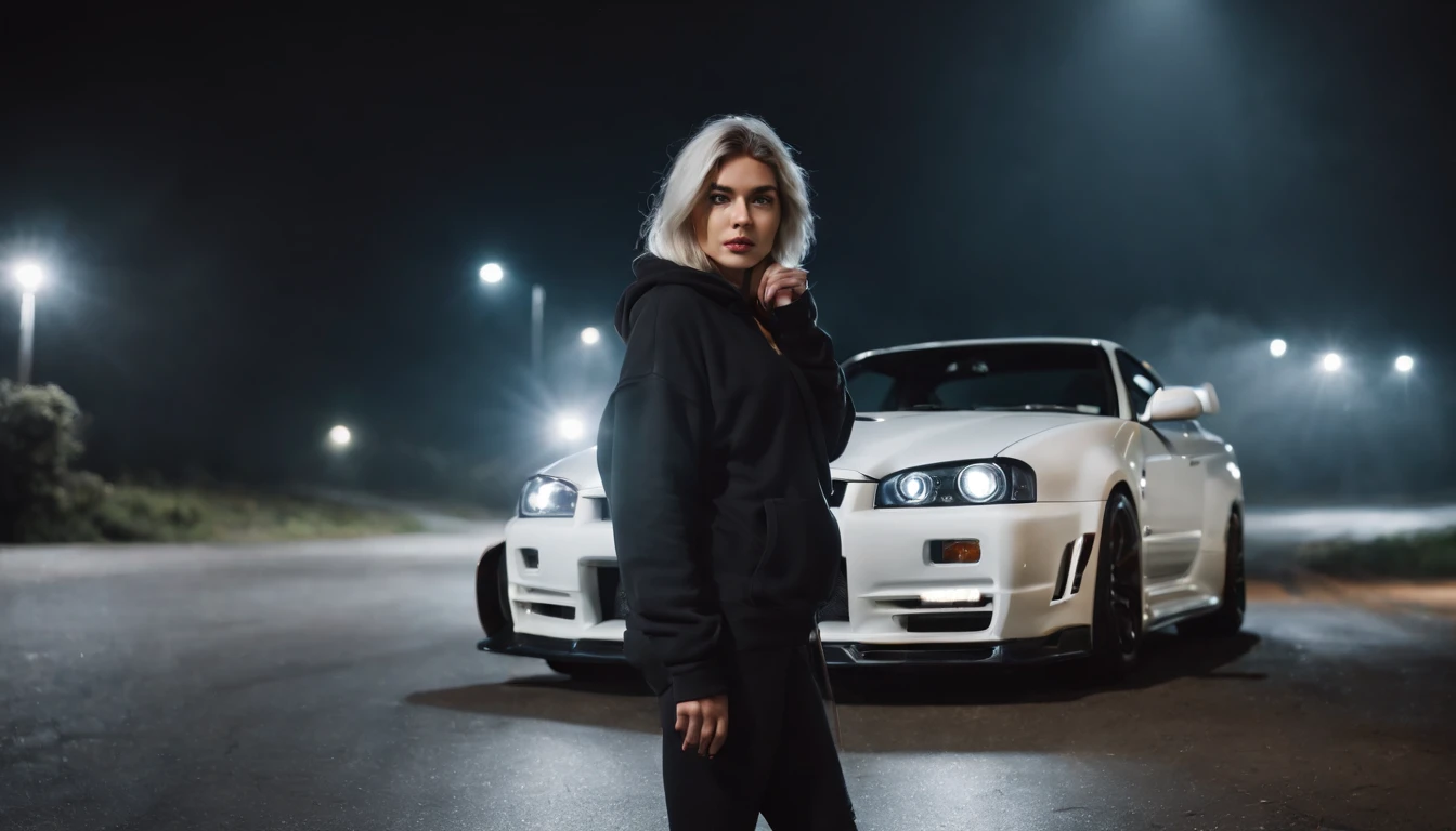 Photography of a girl standing next to her car (Nissan skyline R34) at night, wearing a hoodie, foggy road, desolated road, cold lights, foggy night, cinematic, ultra detailed.