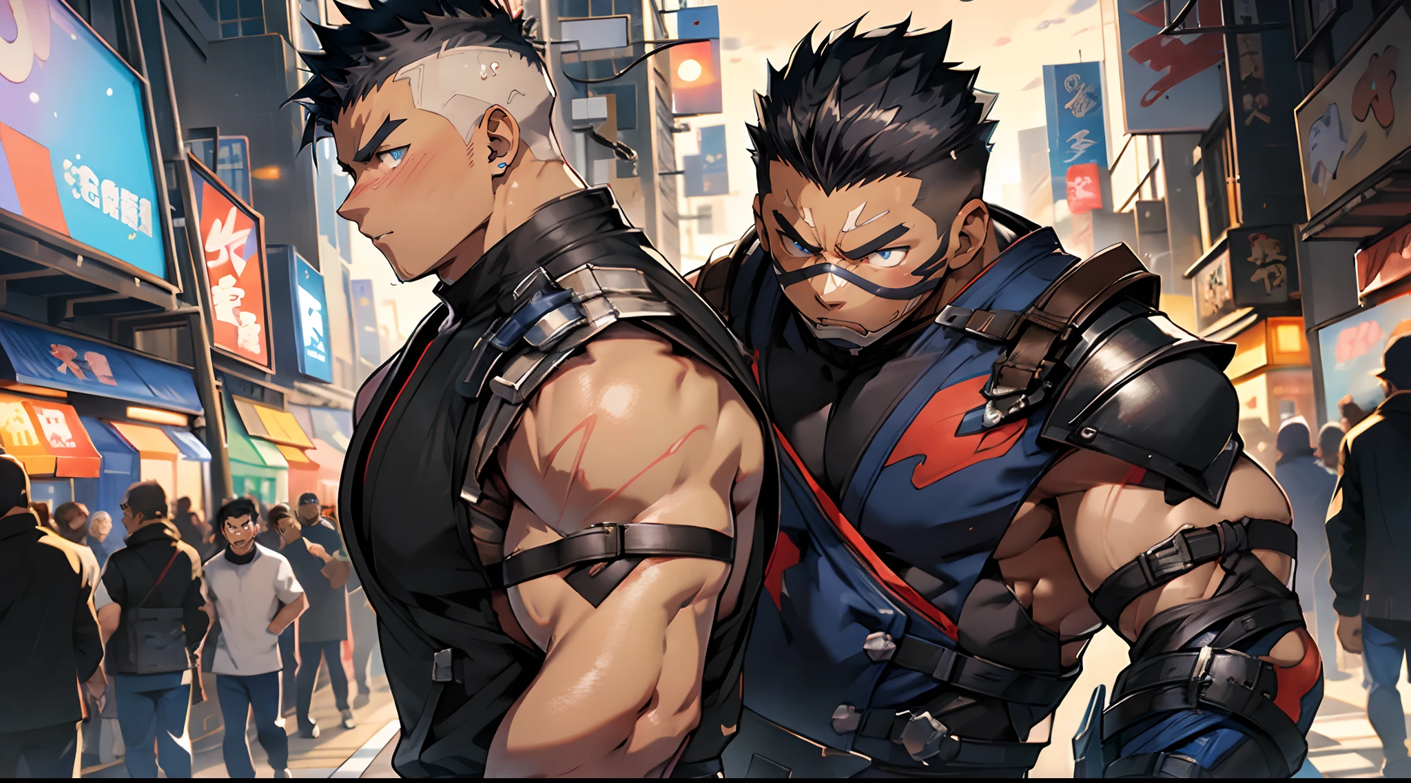 street colorful energetic lights effects in japan, kawaii moe anime 8K, undercut, faux hawk, very short black hair, creamy babyface with blue eyes super buff pale muscular ninja possession by Venom, muscular creamy pale body wear clearly ninja clothes, trending on pixiv, kawaii moe anime