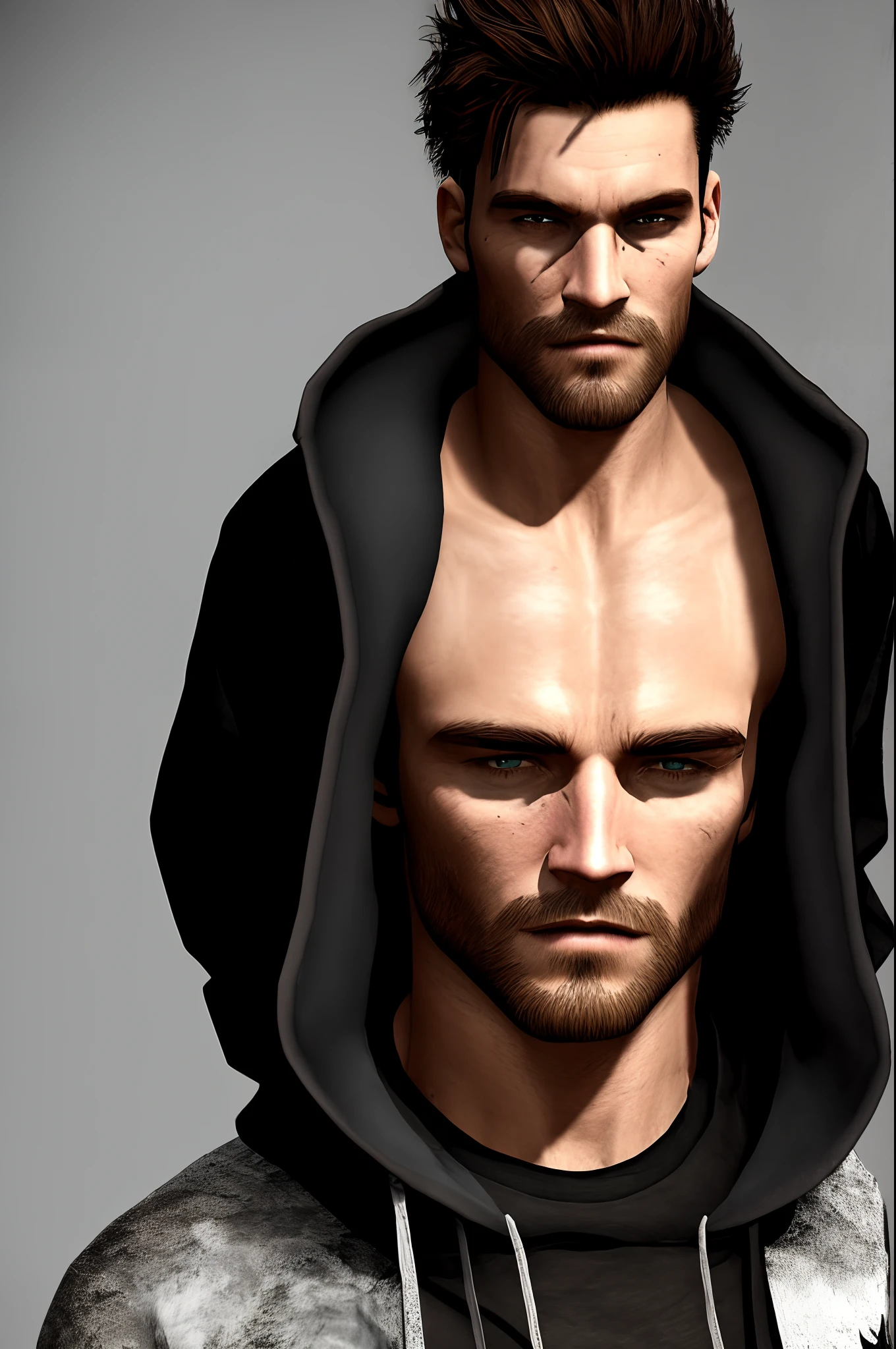 Simon wears a black hoodie with a bold white symbol of a skull on the chest and white stripes on his arms, representing his rebellious personality. Simon's eyes are dark red, almost black, and he has short black hair that frames his face in a messy and unstyled way. His facial hair is not quite a full beard, but rather scruffy stubble that gives him a rugged look. He wears black ripped jeans and black shoes.
The most noticeable feature of Simon's appearance, however, is the numerous scars on him, which suggest he has a history of struggle and survival.
Simon's overall appearance is one of a hardened and experienced individual, who has survived through pain and loss but remains strong and defiant in the face of it all.