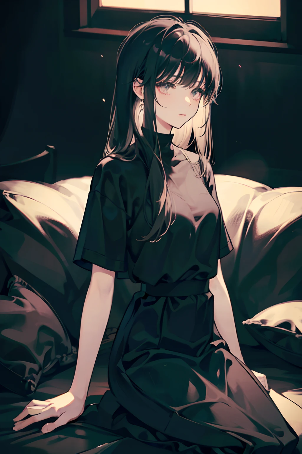 1 girl, long black hair with bangs, calm, t shirt and long skirt, sad, depressing, nighttime, bleak colors, monochrome colors, small breats