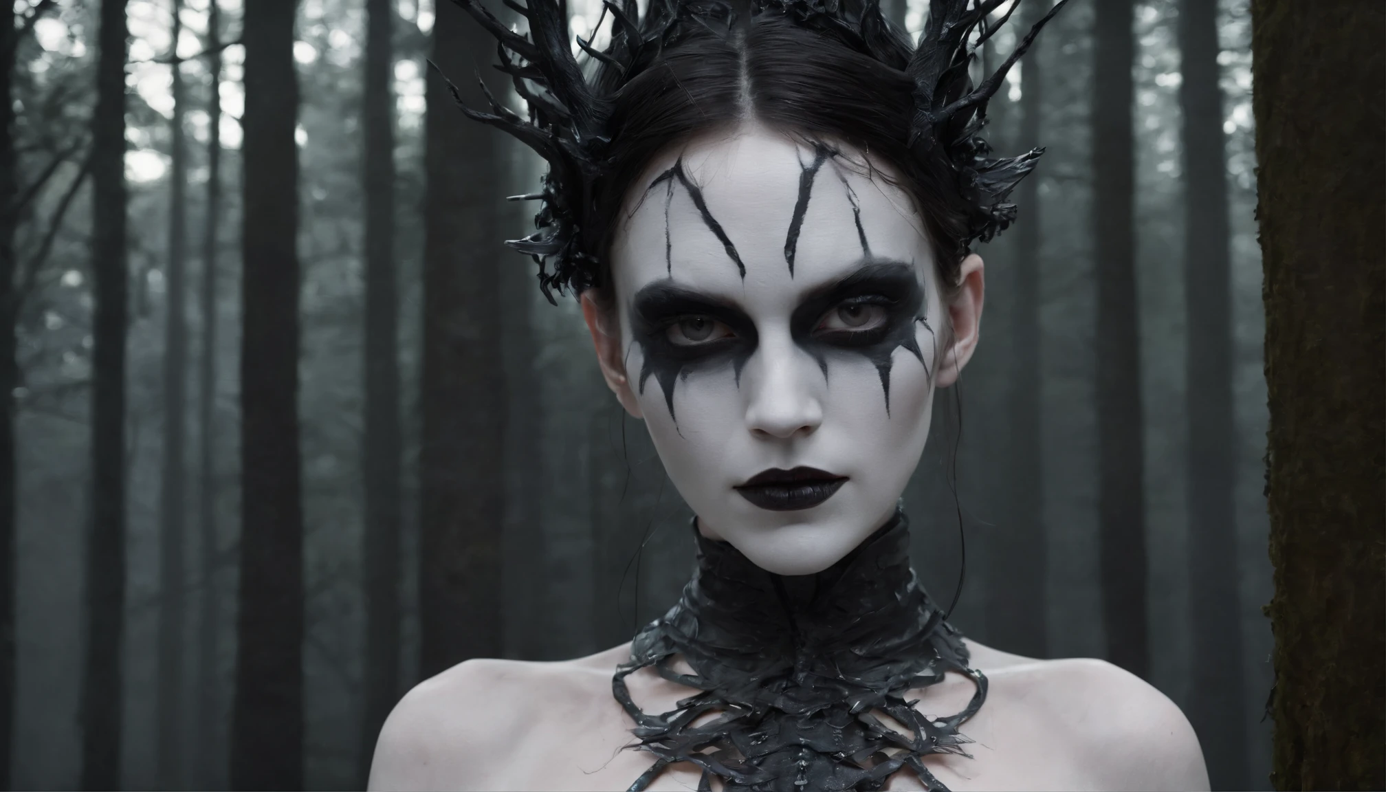 Half body shot of a pale white skin naked woman with black metal make-up in a dark forest, forest at night, horror movie, ultra detailed, photorealistic, masterpiece.