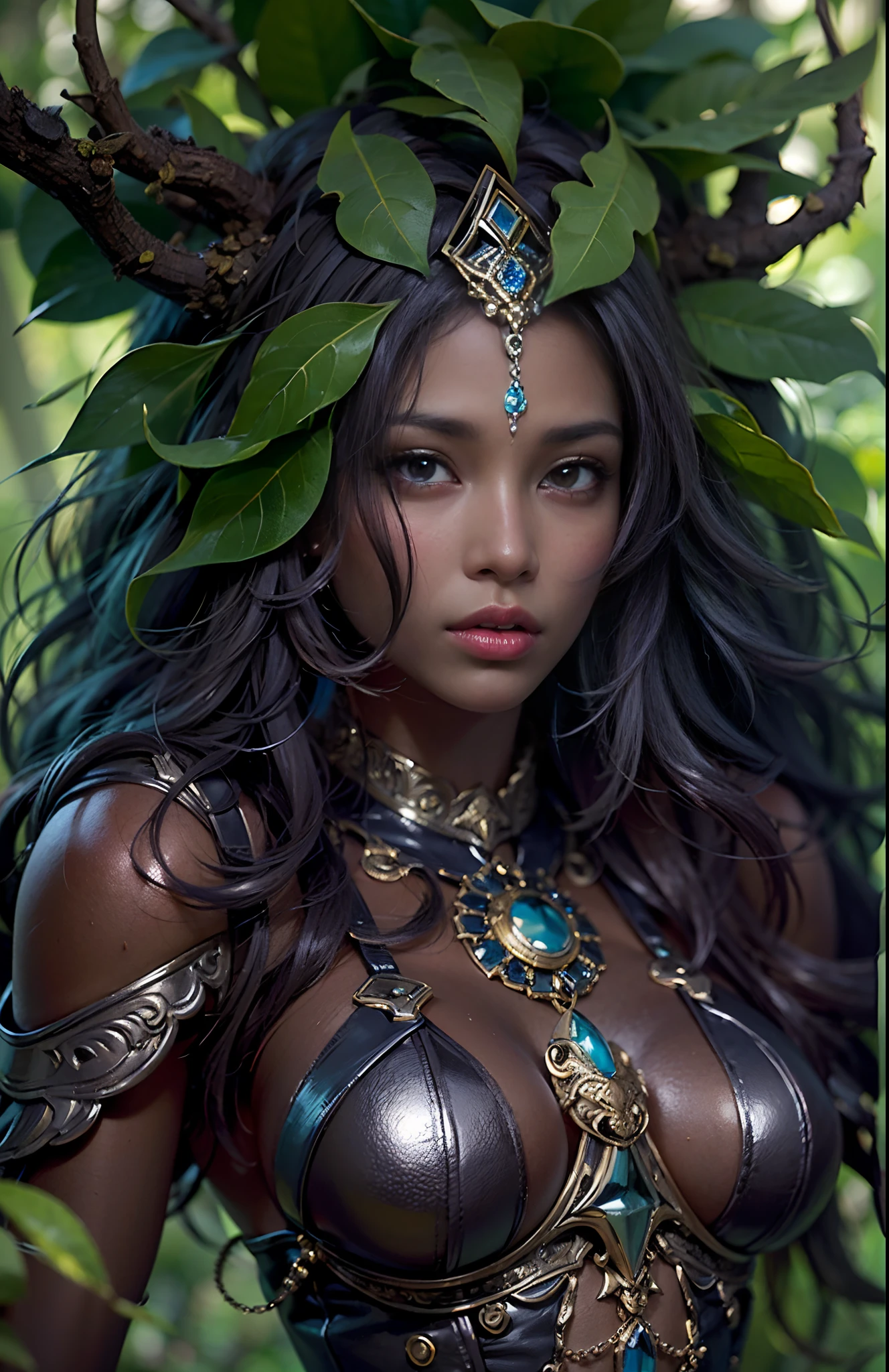 ((-yeld)))ack girl, (((light skin))), warlock, magical aura surrounding her, she is in the forest with monsters surrounding her, (((thigh gap))), (((cameltoe))), (((close-up full body pose))),  long black wavy hair, high heel boots, (((druid style armor made of leaves))), (((Dungeons and Dragons style art))), fantasy art, Rich, Deep Colours, (intricate details:0.9), (HDR, hyper-detailing:1.2), (natural skin textures, hyper realisitc, soft light, Sharp),