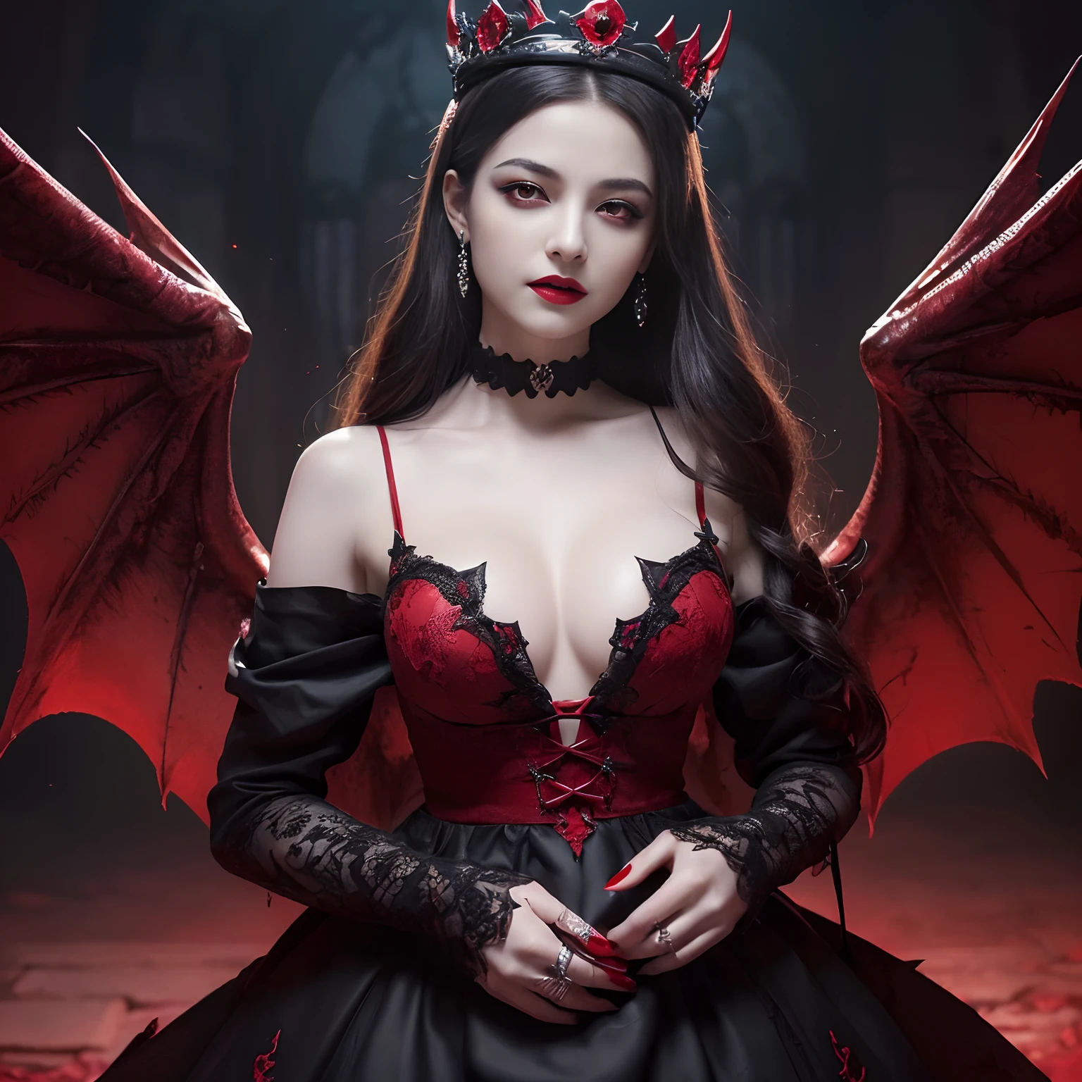 ((((late pregnancy,Big belly,Giant demon wings grow,Huge and evil wings,Blood Red Lip, Bleeding mouth, Vampire,tusk,Bleeding from the mouth,Blood drips,Bloody Body,Bloody Body,red fluid,Evil makeup,Evil beauty,The mouth is full of blood,Licking blood,Blood on it,Return blood,Bleeding,Red blood)))),(Evil Queen, Medieval dresses,Princess of the Japan),((((((Her eyes glow red,Her red eyes)))))),((facing front,Black Dress,Facing this way,His mouth was covered in blood,Dark hair, Glowing red eyes,long,Photo from the waist up)), ((Huge and creepy European castle, Castles in medieval Europe,Magical atmosphere,Walk through the white courtyard,Detailed backgrounds,Detailed castle exterior,Spooky castle exterior,Bewitching, Spooky and beautiful demons, Sexy Devil Princess, ssmile,Perfect gas chamber,Bewitching sexy smile,castle at night,Spooky Night Castle,Spooky makeup,Dresses with intricate decorations, Intricate tiara,Jet black dress, Dresses in black tones, Dresses with intricate decorations,large full breasts,Tattoo with an evil pattern, Evil decoration, Artistic and eerie patterns, ruby decoration, Evil and beautiful makeup, Artistic Design Choker, Evil pattern decoration, Shining crown, Finest necklaces, artistic décor, Princess Dresses, Dresses with lots of jewelry, Chest that seems to burst,Dress with a narrow waist,A dress that tightens the waist,Luxury beyond imagination)), The most realistic, the complex background, Highly detailed and realistic backgrounds, Great for looking at the camera, White teeth, perfect teeth, A detailed face, Quality and beautiful face, Clear and beautiful face, Highest Quality, 8K, SLR Camera Photography