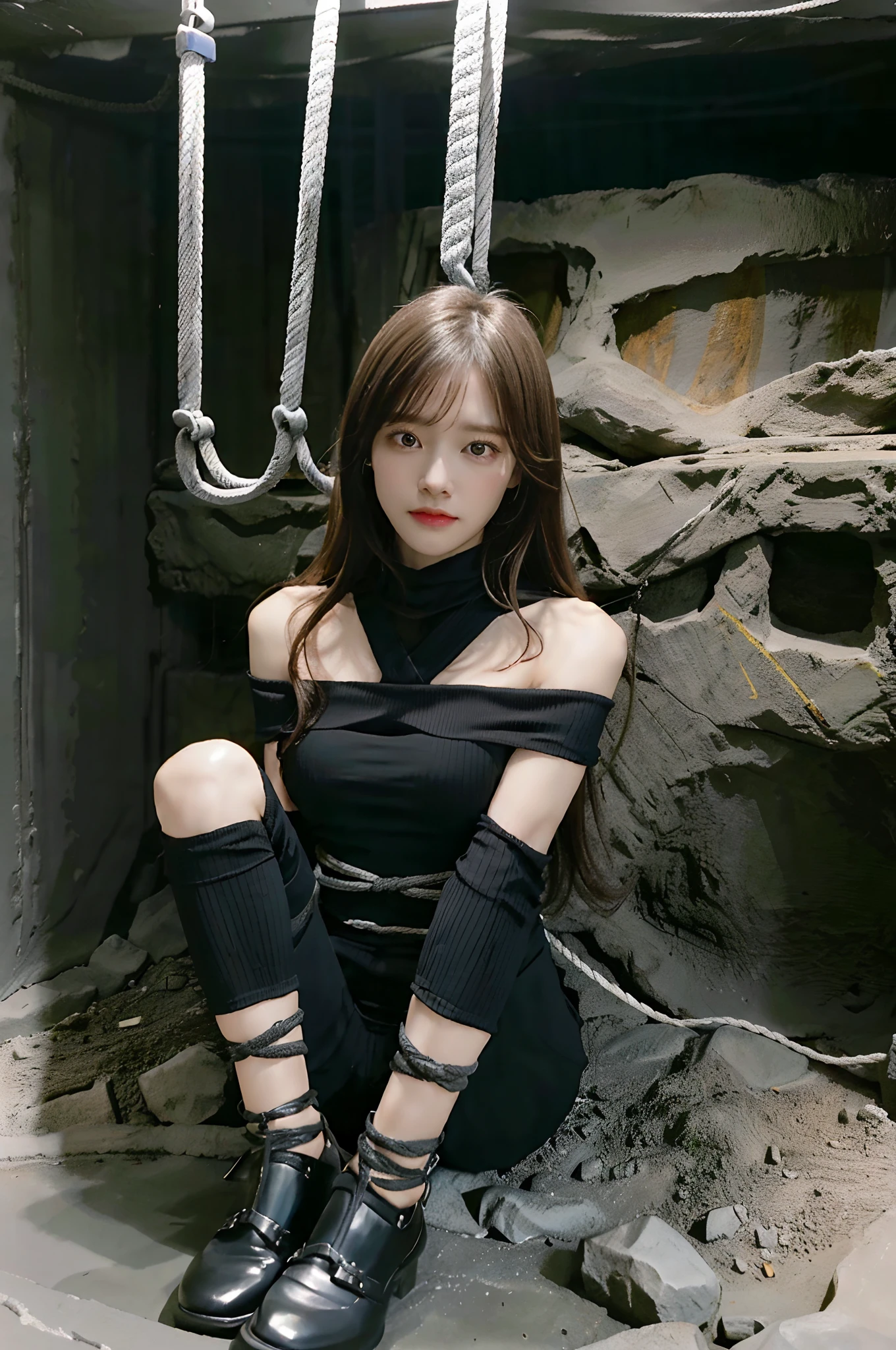 Best Quality, Masterpiece, The ultra-Highres, (Photorealistic:1.4), Raw foto, 1Girl, off-shoulder, Dark In, Deep Shadow, Low Key, cold light, Terris clouds are visible, tifa lockheart, Painful facial expressions due to bondage, Tied with a rope, Large bundles, hands tied, Feet hanging in bondage, (((Underground Torture Chamber:1.3)))