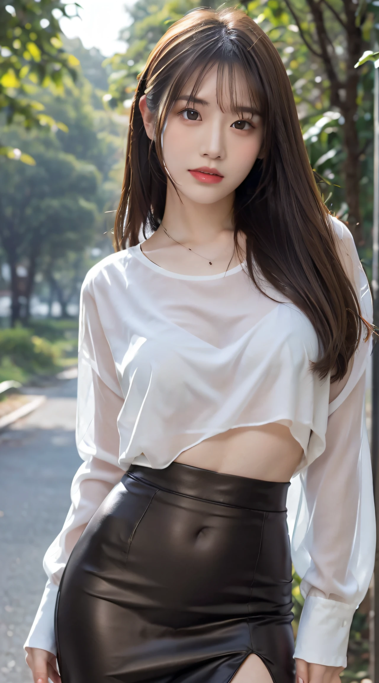(Best Quality, masutepiece, Ultra HD: 1.3), 1girl in, (middlebreasts), light brown hair, Asymmetrical hair, straight haired, Long hair,( slender body shape, Constricted waist),(Ultra Fine Face), Delicate lips, (Beautiful eyes), thin blush, eyes are brown, perfect glossy skin,View here, ( hide one's hands), See-through white blouse, White see-through tight skirt. (a japanese girl,hposing Gravure Idol),Broad-leaved forest