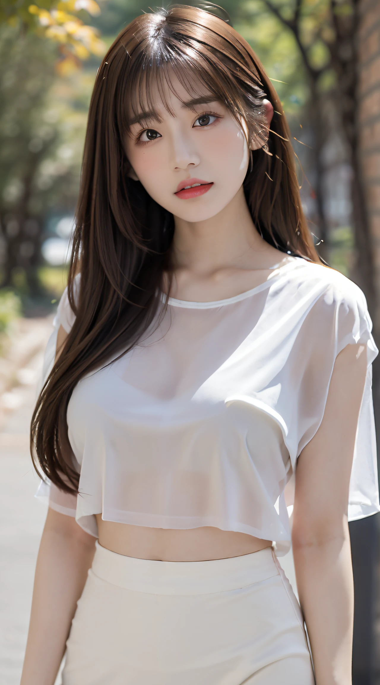 (Best Quality, masutepiece, Ultra HD: 1.3), 1girl in, (middlebreasts), light brown hair, Asymmetrical hair, straight haired, Long hair,( slender body shape, Constricted waist),(Ultra Fine Face), Delicate lips, (Beautiful eyes), thin blush, eyes are brown, perfect glossy skin,View here, ( hide one's hands), See-through white blouse, White see-through tight skirt. (a japanese girl,hposing Gravure Idol),Broad-leaved forest