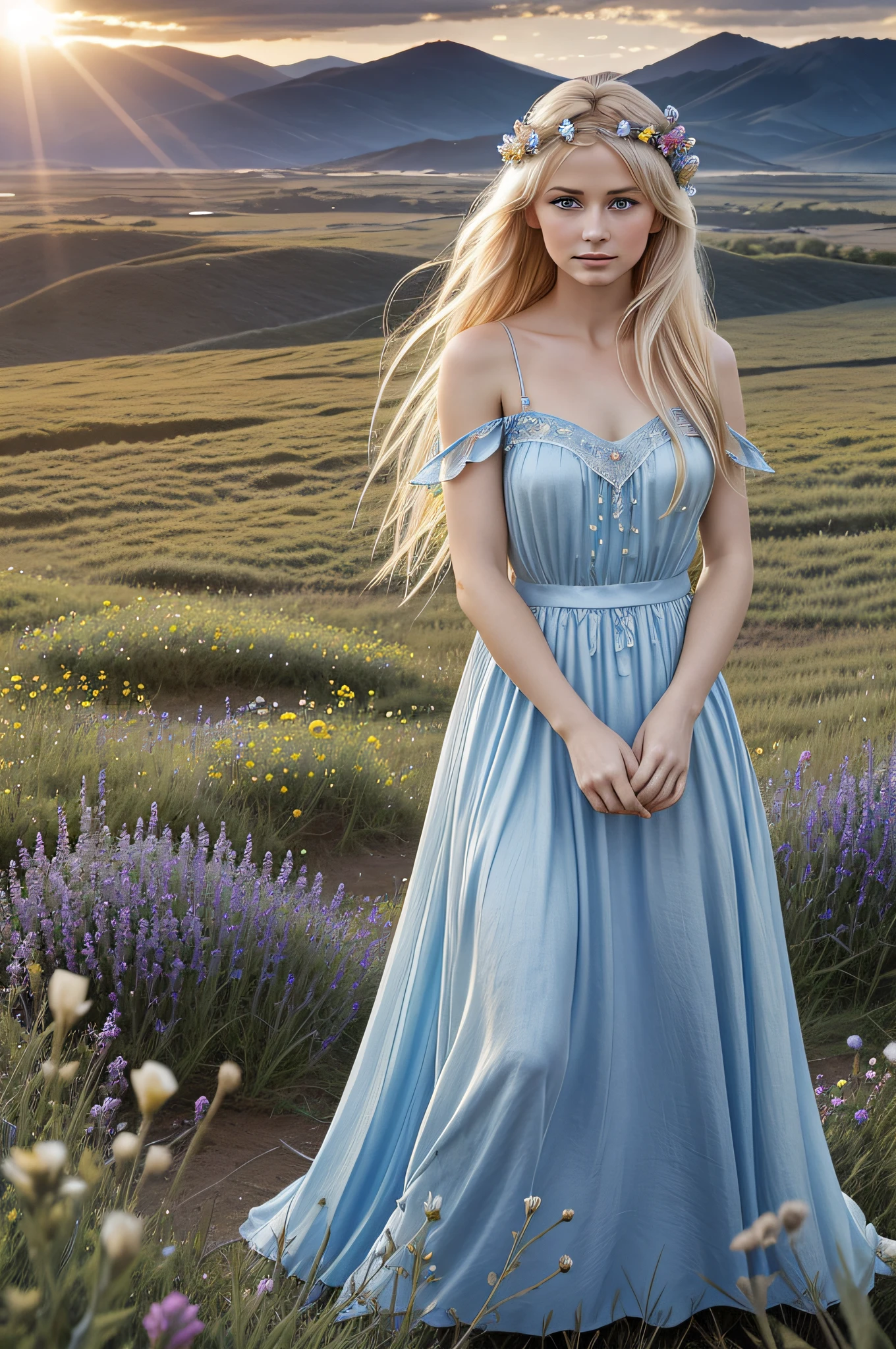 A blonde fairy, with flowing hair, blue eyes, delicate silky skin, with flowers in her hair, wearing a beautiful dress of fine linen, standing on a small hill of flowers with varying colors stretching across plains, while a The sun shines beneath scattered clouds in the sky, the image is imposing.