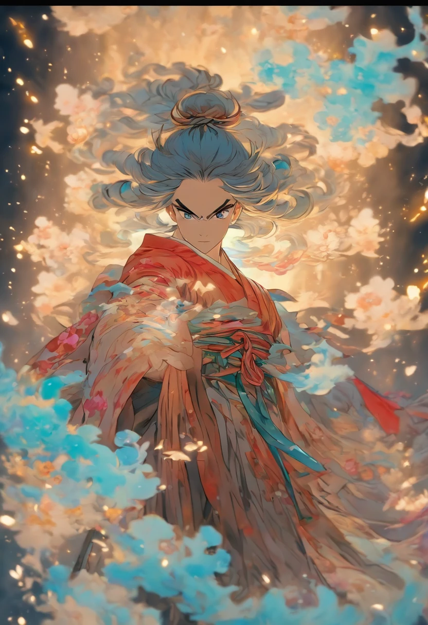 Chinese ink style,ink and watercolor painting,water ink,ink,Smudge,swordsmen,Woman,White voluminous robes,long sword,long whitr hair,(((Blue-purple lot))),((peony flowers a lot)),((vine)),((leafs)),((complex picture)),(((Meticulous portrayal))),(((Delicate face))),Brilliant colors,(((Super fine hair drawn))),((High definition of hair)), (((super-fine))), style of anime, lightand shade contrast, depth of fields, The light from the back window is backlighted, Full body like,motion video, stereoscopic perspective, tmasterpiece,(( super detailing)), high detal, high qulity, 4K, best qualtiy, A high resolution,(((ink wash style))