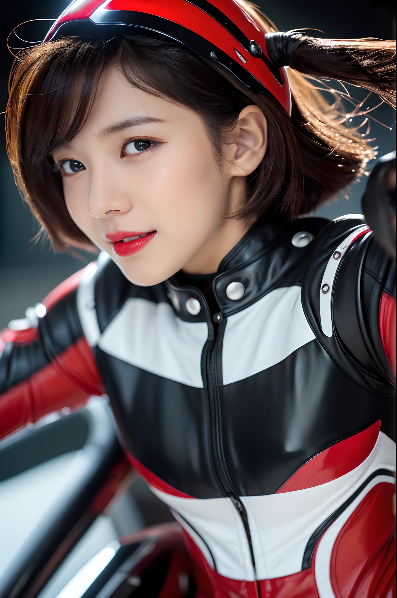 8k,超A high resolution,top-quality、​masterpiece、The ultra -The high-definition、(Realistic in photos:1.4)、(1girl in)、(riding on motorcycle)、long-sleeve、(Leather black and red racing suit)、(Mid Shorthair)、(wetting hair)、ultra detailed human face、ultradetailed teeth、red lipsticks、circuit、Race bikes、