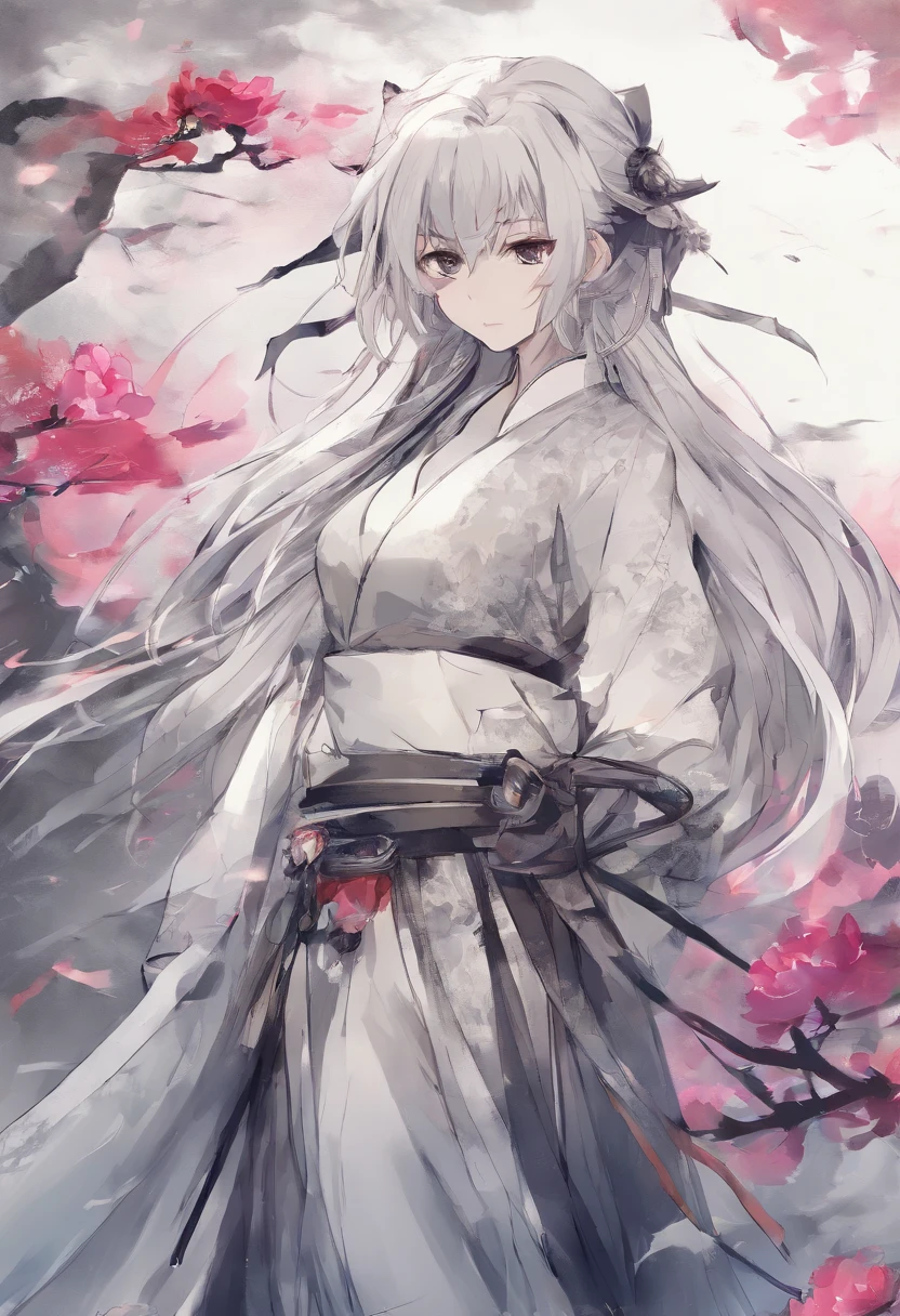 Chinese ink style,ink and watercolor painting,water ink,ink,Smudge,swordsmen,Woman,White voluminous robes,long sword,long whitr hair,(((Blue-purple lot))),((peony flowers a lot)),((vine)),((leafs)),((complex picture)),(((Meticulous portrayal))),(((Delicate face))),Brilliant colors,(((Super fine hair drawn))),((High definition of hair)), (((super-fine))), style of anime, lightand shade contrast, depth of fields, The light from the back window is backlighted, Full body like,motion video, stereoscopic perspective, tmasterpiece,(( super detailing)), high detal, high qulity, 4K, best qualtiy, A high resolution,(((ink wash style))