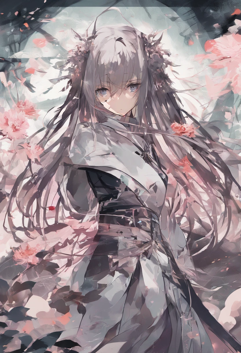 Chinese ink style，ink and watercolor painting，water ink，ink，Smudge，swordsmen，Woman，White voluminous robes，long sword，long whitr hair，（（（Blue-purple lot））），（（peony flowers a lot）），（（vine）），（（leafs）），（（complex picture）），（（（Meticulous portrayal））），（（（Delicate face））），Brilliant colors，（（（Super fine hair drawn））），（（High definition of hair））， （（（super-fine）））， style of anime， lightand shade contrast， depth of fields， The light from the back window is backlighted， Full body like，motion video， stereoscopic perspective， tmasterpiece，（（ super detailing））， high detal， high qulity， 4K， best qualtiy， A high resolution，（（（ink wash style））