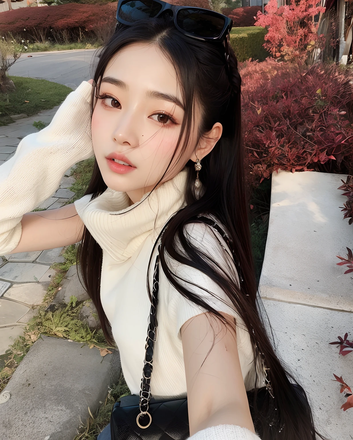 Araffed woman with long hair wearing a white sweater and black sunglasses, Ulzzang, dilraba dilmurat, Asian girl with long hair, linda mulher coreana jovem, Jinyoung Canela, Mulher sul-coreana bonita, branco hime corte penteado, mulher coreana jovem bonita, menina coreana, Bae Suzy, young cute wan asian face, em camisa branca de gola alta