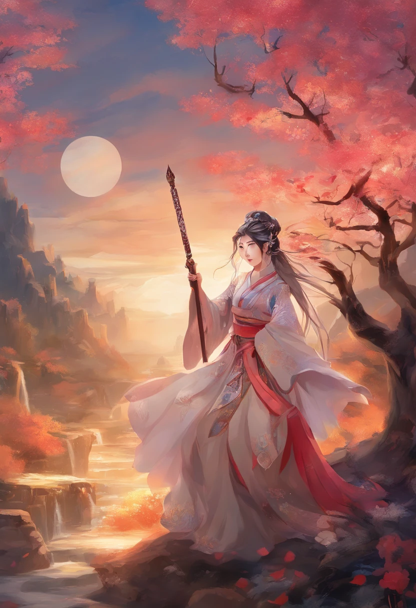 Chinese ink style，ink and watercolor painting，water ink，ink，Smudge，swordsmen，Woman，White voluminous robes，long sword，long whitr hair，（（（Blue-purple lot））），（（peony flowers a lot）），（（vine）），（（leafs）），（（complex picture）），（（（Meticulous portrayal））），（（（Delicate face））），Brilliant colors，（（（Super fine hair drawn））），（（High definition of hair））， （（（super-fine）））， style of anime， lightand shade contrast， depth of fields， The light from the back window is backlighted， Full body like，motion video， stereoscopic perspective， tmasterpiece，（（ super detailing））， high detal， high qulity， 4K， best qualtiy， A high resolution，（（（ink wash style））