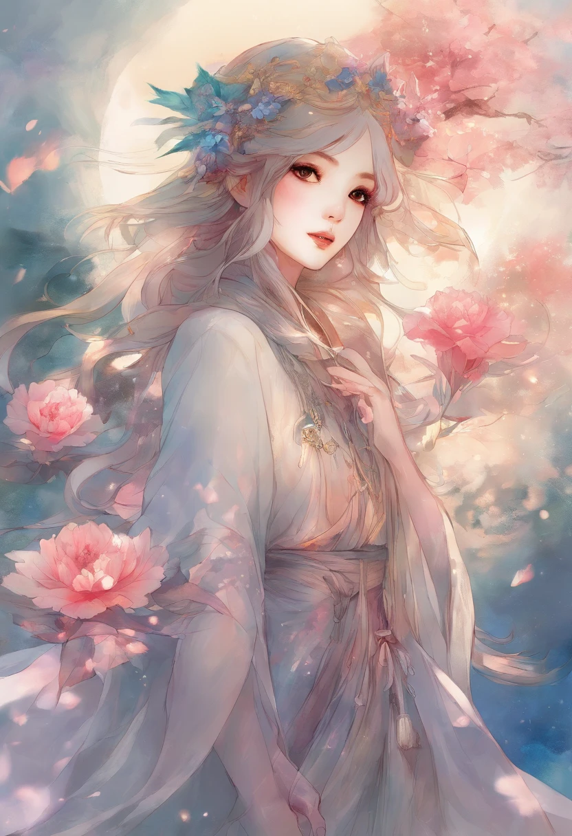 Chinese ink style，ink and watercolor painting，water ink，ink，Smudge，swordsmen，Woman，White voluminous robes，long sword，long whitr hair，（（（Blue-purple lot））），（（peony flowers a lot）），（（vine）），（（leafs）），（（complex picture）），（（（Meticulous portrayal））），（（（Delicate face））），Brilliant colors，（（（Super fine hair drawn））），（（High definition of hair））， （（（super-fine）））， style of anime， lightand shade contrast， depth of fields， The light from the back window is backlighted， Full body like，motion video， stereoscopic perspective， tmasterpiece，（（ super detailing））， high detal， high qulity， 4K， best qualtiy， A high resolution，（（（ink wash style））